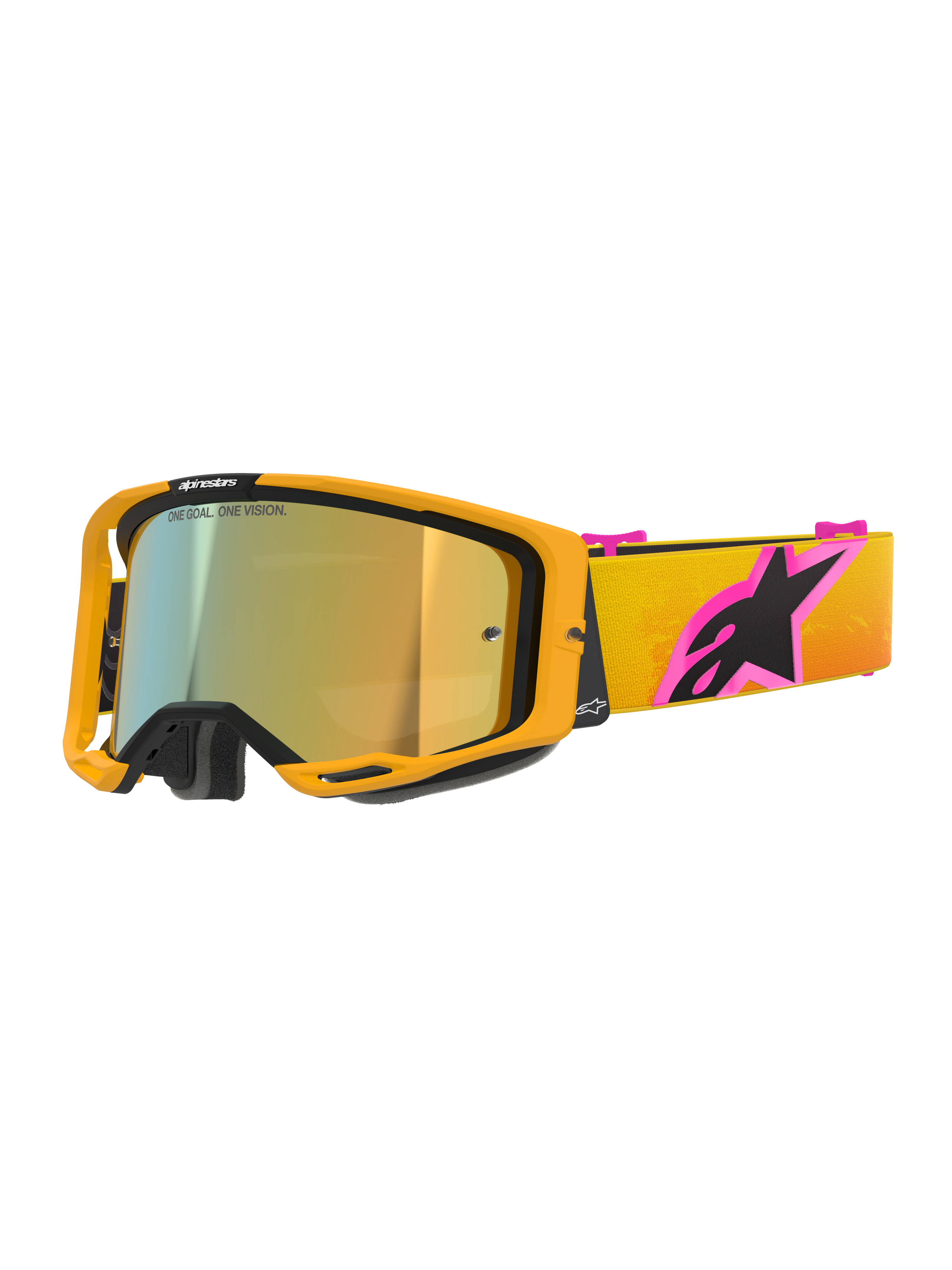 Masque Alpinestars Vision 8 Corp, masque de motocross, monture orange avec écran doré miroir, bandeau dégradé jaune et orange avec un grand logo Alpinestars rose et noir, design haute performance épuré pour la course tout-terrain