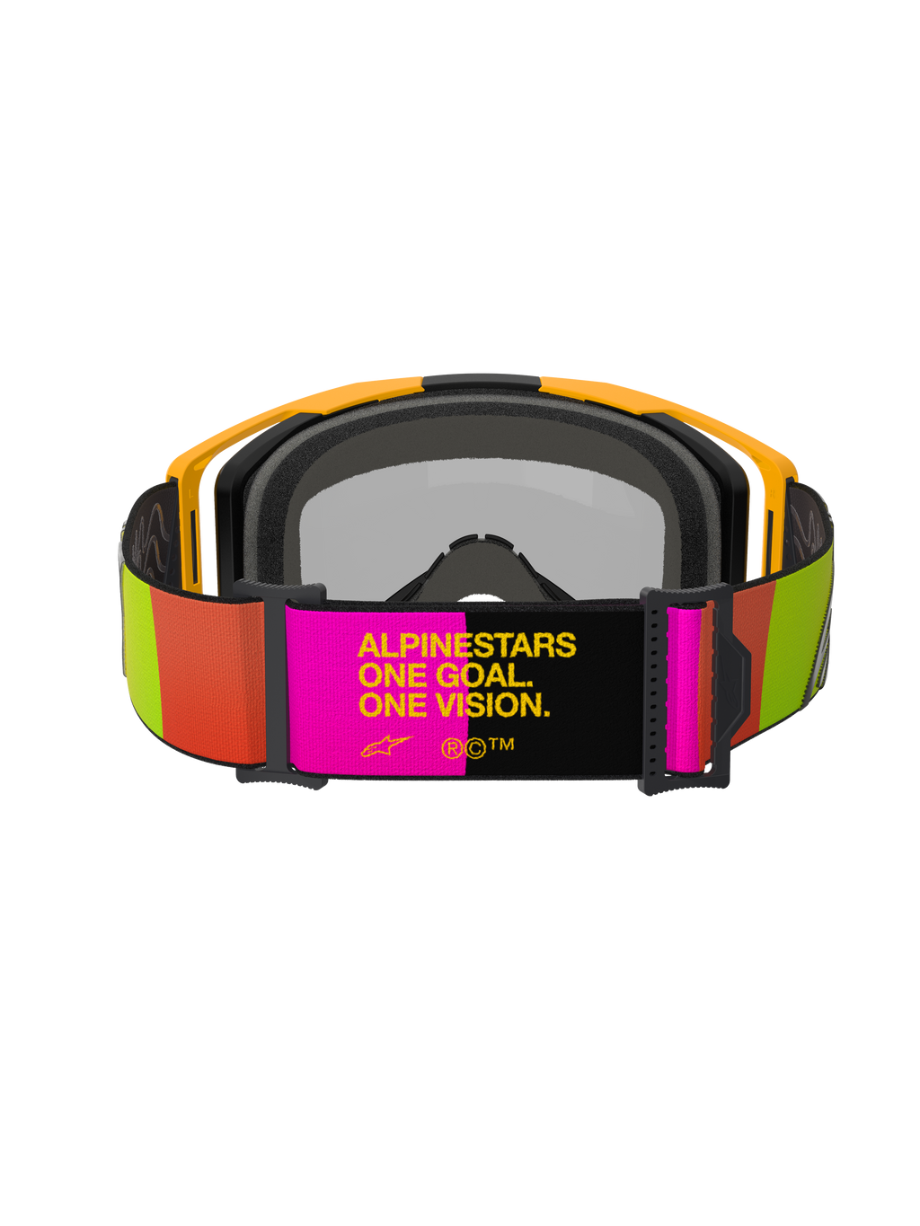 Masque Alpinestars Vision 8 Corp, masque de motocross, jaune et rose, vue arrière présentant une sangle réglable avec le slogan « ALPINESTARS ONE GOAL. ONE VISION. », accents éclatants citron vert et orange, monture jaune avec mousse faciale grise.