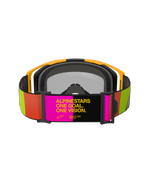 Masque Alpinestars Vision 8 Corp, masque de motocross, jaune et rose, vue arrière présentant une sangle réglable avec le slogan « ALPINESTARS ONE GOAL. ONE VISION. », accents éclatants citron vert et orange, monture jaune avec mousse faciale grise.