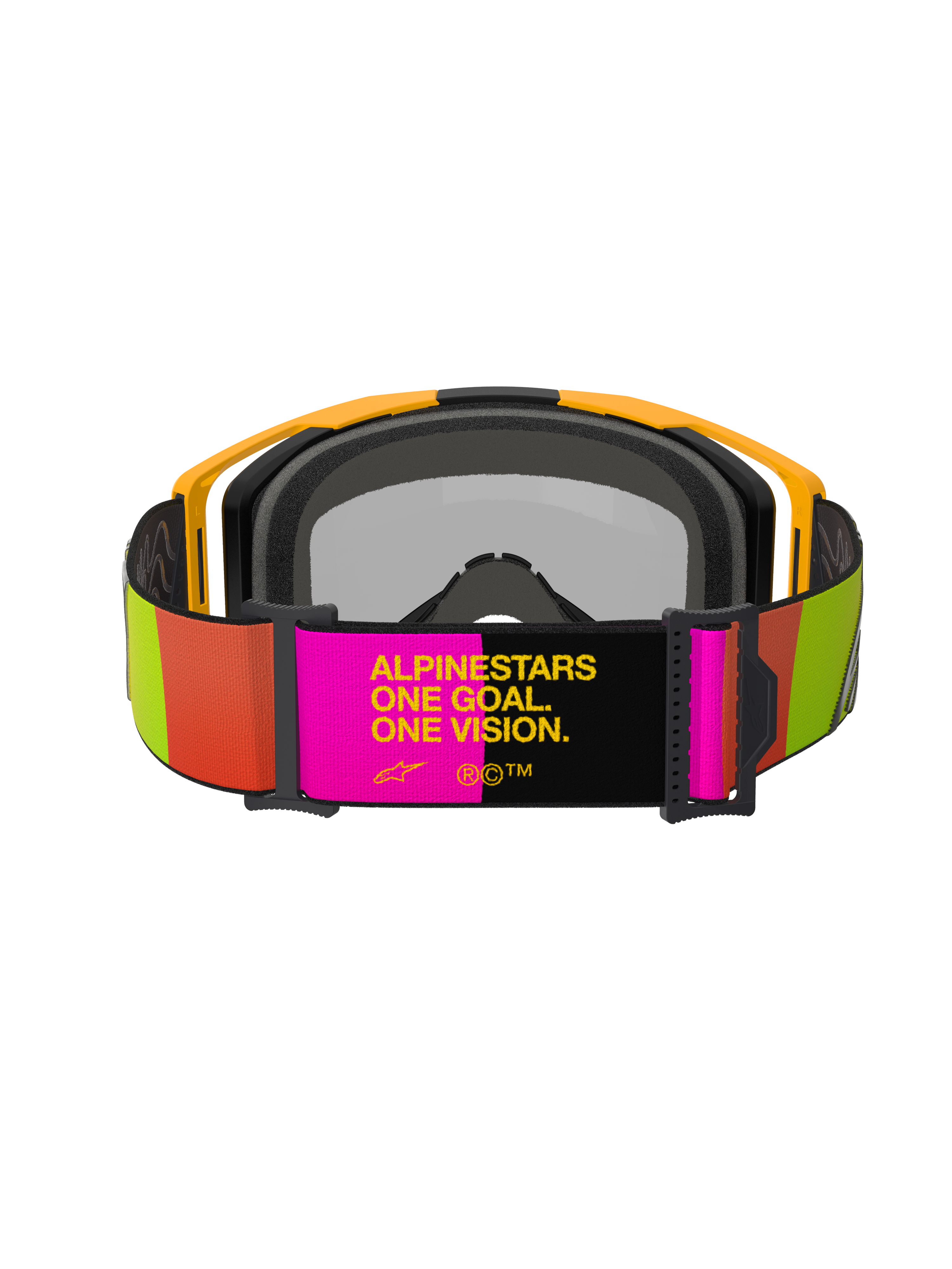 Masque Alpinestars Vision 8 Corp, masque de motocross, jaune et rose, vue arrière présentant une sangle réglable avec le slogan « ALPINESTARS ONE GOAL. ONE VISION. », accents éclatants citron vert et orange, monture jaune avec mousse faciale grise.