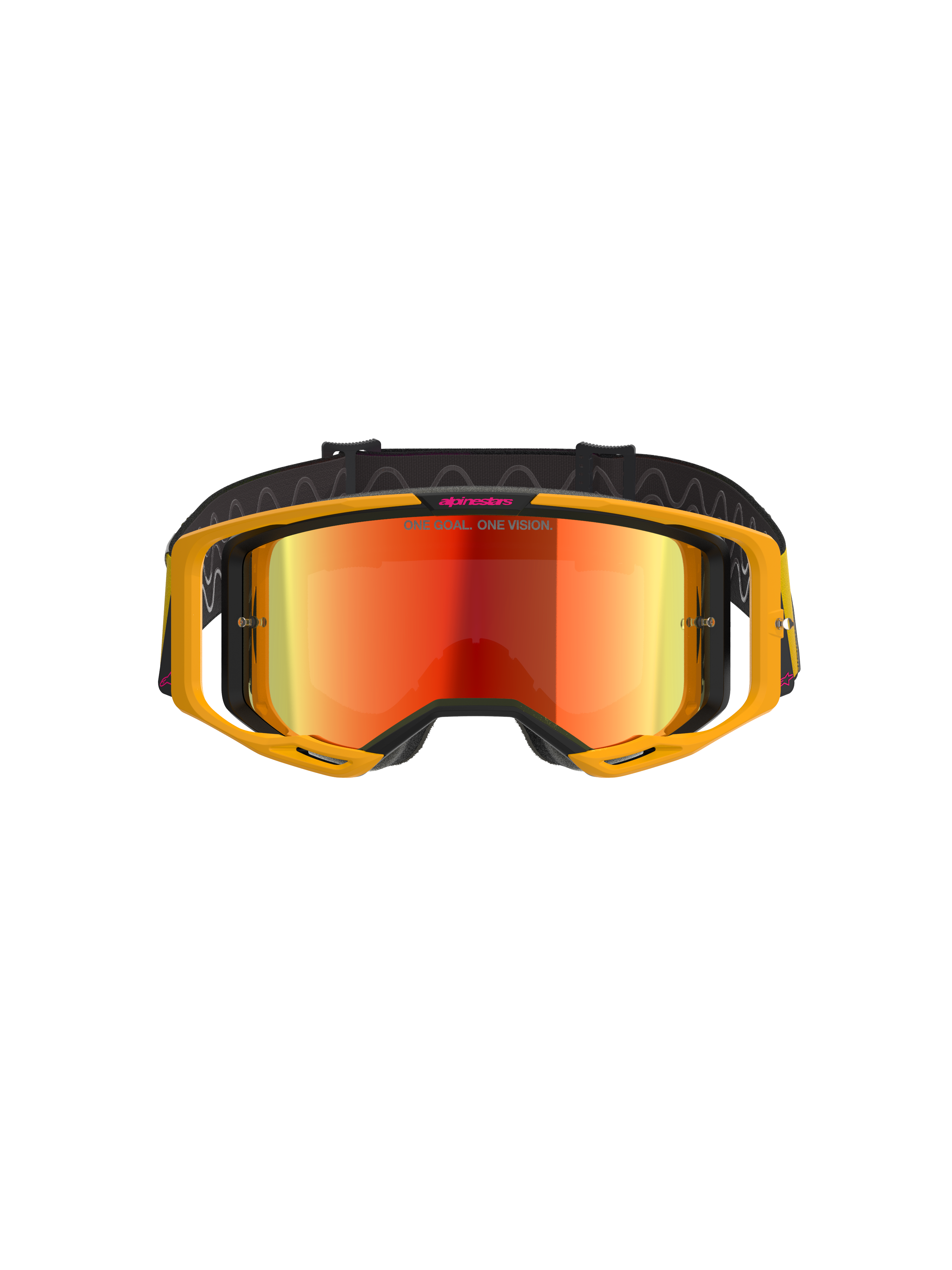 Lunettes Alpinestars Vision 8 Corp, lunettes de motocross, jaune et rose avec lentille rouge miroir, dotées d'une monture A-FLEX jaune vif, d'une lentille réfléchissante rouge et d'un bandeau noir avec marquage Alpinestars rose et texte « ONE GOAL. ONE VISION. », protection oculaire professionnelle pour la course tout-terrain