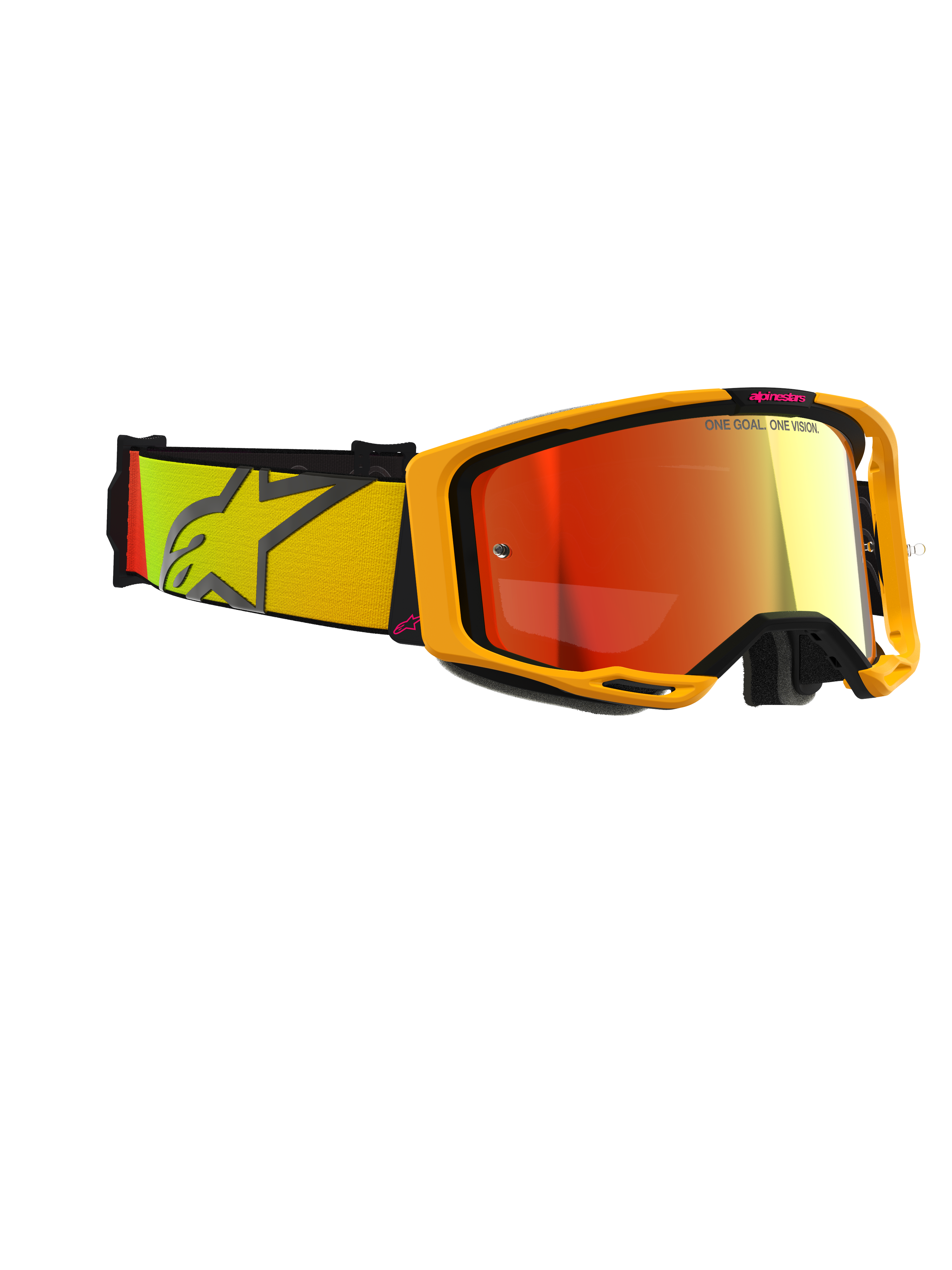 Lunettes de motocross Alpinestars Vision 8 Corp, jaune et rose avec écran miroir rouge, large bandeau tissé avec dégradé jaune et rose et grand logo étoile, monture légère A-FLEX avec stabilisateurs noirs, lunettes de performance pour la course tout-terrain