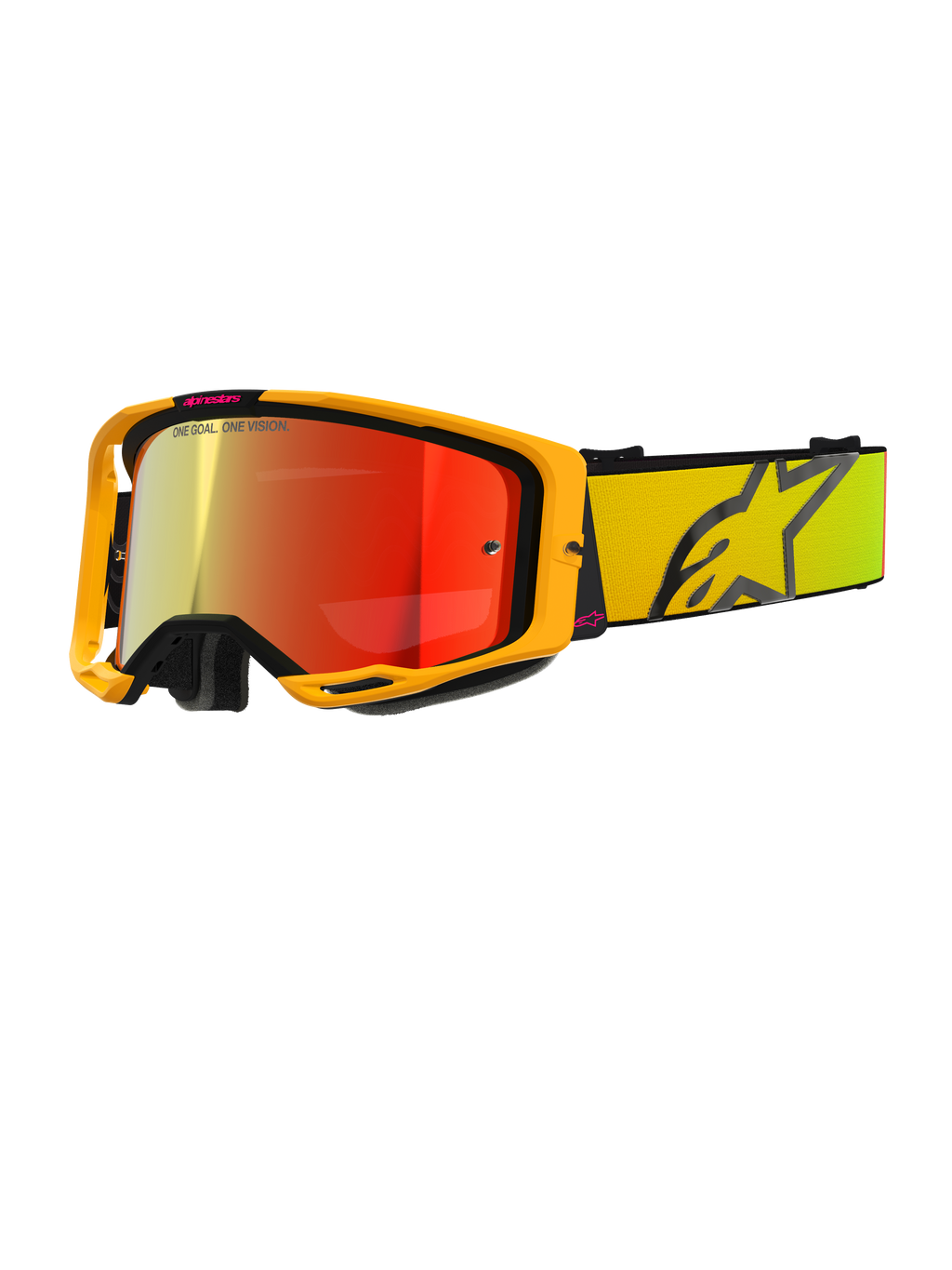 Alpinestars Vision 8 Corp, lunettes de motocross jaunes et roses, écran réfléchissant miroir rouge, large sangle jaune avec grand logo étoile noir, marquage « ONE GOAL. ONE VISION. », lunettes de course tout-terrain professionnelles