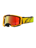 Alpinestars Vision 8 Corp, lunettes de motocross jaunes et roses, écran réfléchissant miroir rouge, large sangle jaune avec grand logo étoile noir, marquage « ONE GOAL. ONE VISION. », lunettes de course tout-terrain professionnelles