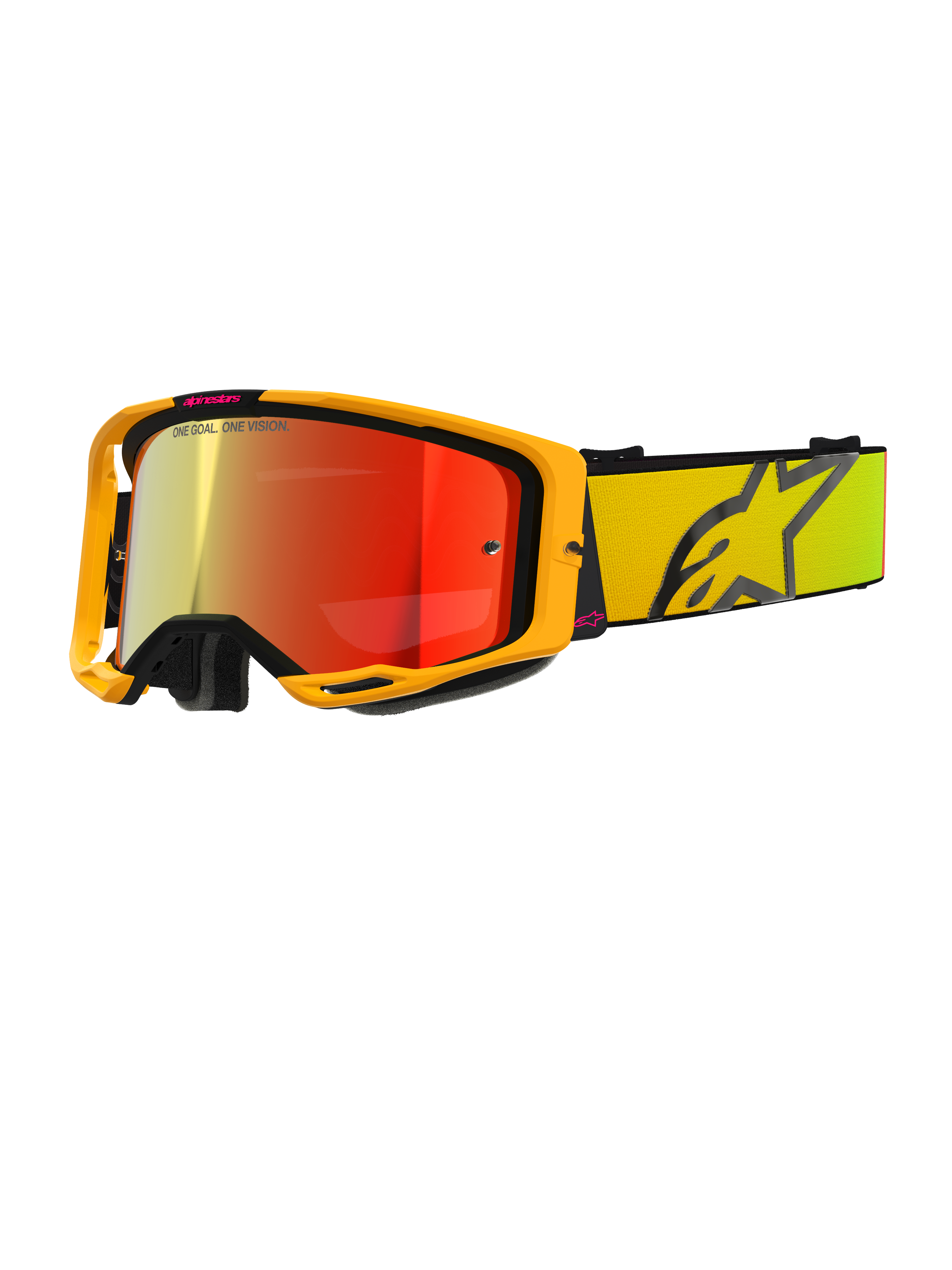 Alpinestars Vision 8 Corp, lunettes de motocross jaunes et roses, écran réfléchissant miroir rouge, large sangle jaune avec grand logo étoile noir, marquage « ONE GOAL. ONE VISION. », lunettes de course tout-terrain professionnelles