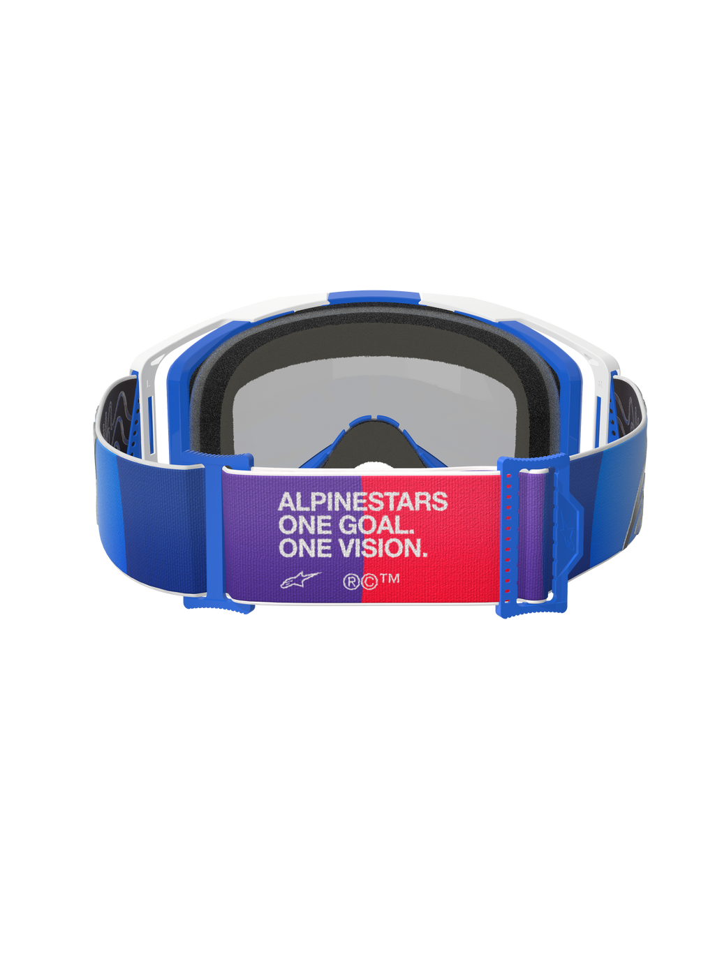 Masque Alpinestars Vision 8 Corp, bleu, blanc et bleu miroir, vue arrière, bandeau bleu avec écusson central violet et rouge affichant le texte « ALPINESTARS ONE GOAL. ONE VISION. », monture blanche et bleue avec rembourrage en mousse noire, masque de motocross