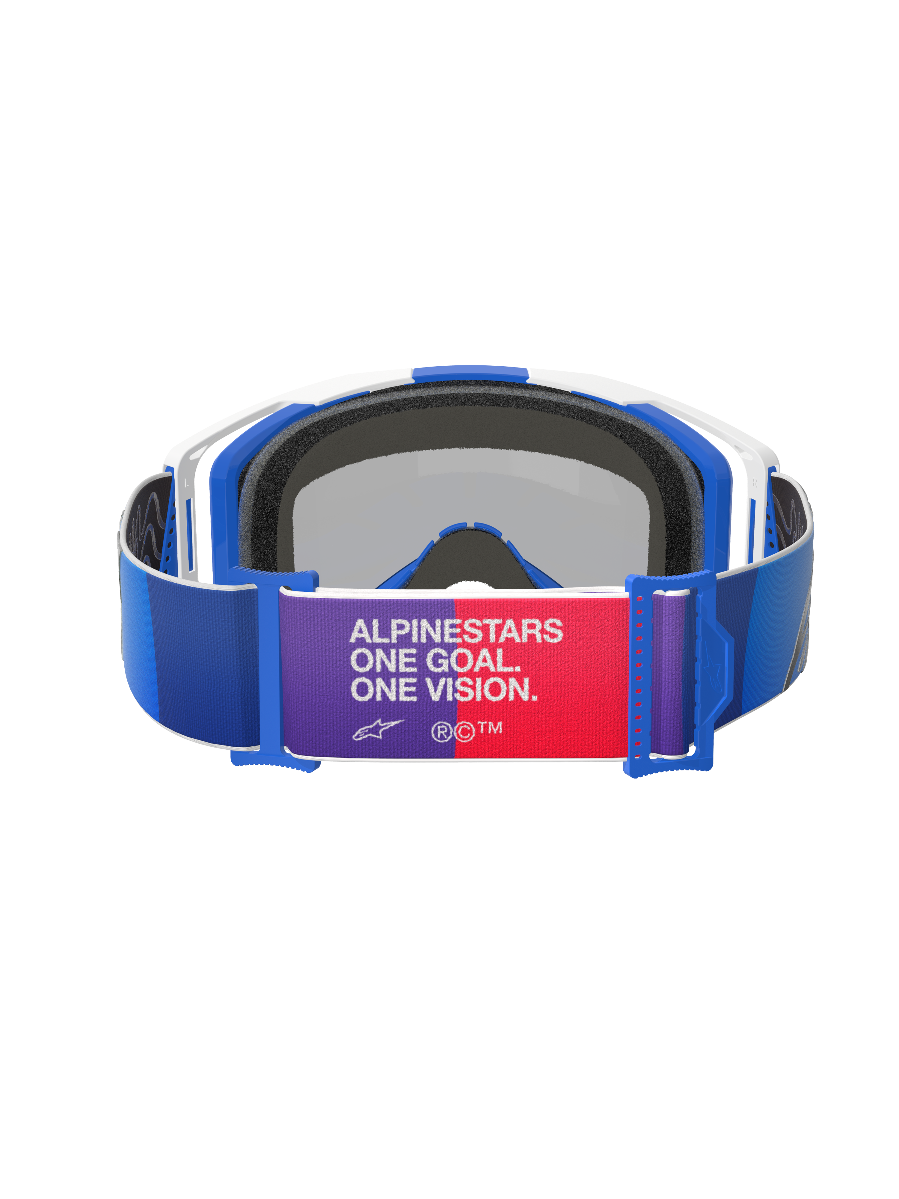 Masque Alpinestars Vision 8 Corp, bleu, blanc et bleu miroir, vue arrière, bandeau bleu avec écusson central violet et rouge affichant le texte « ALPINESTARS ONE GOAL. ONE VISION. », monture blanche et bleue avec rembourrage en mousse noire, masque de motocross