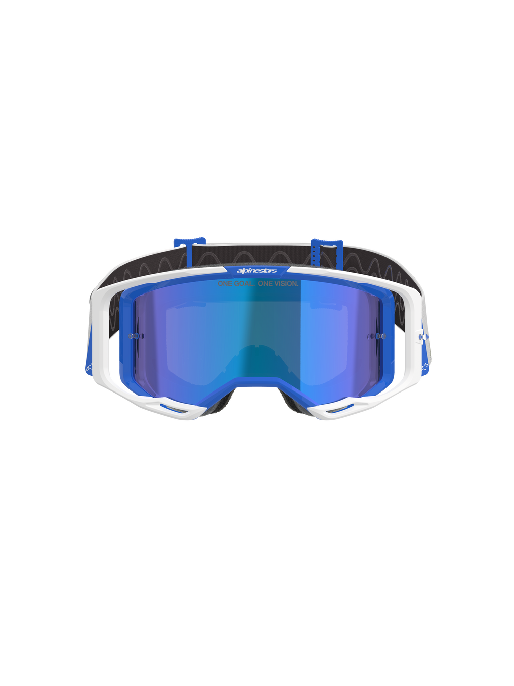 Masque Alpinestars Vision 8 Corp, lunettes de motocross bleu et blanc avec écran miroir bleu, présentant une monture extérieure blanche, des accents intérieurs bleus et le marquage 'One Goal. One Vision.' sur l'écran, conçu pour la performance en course tout-terrain.