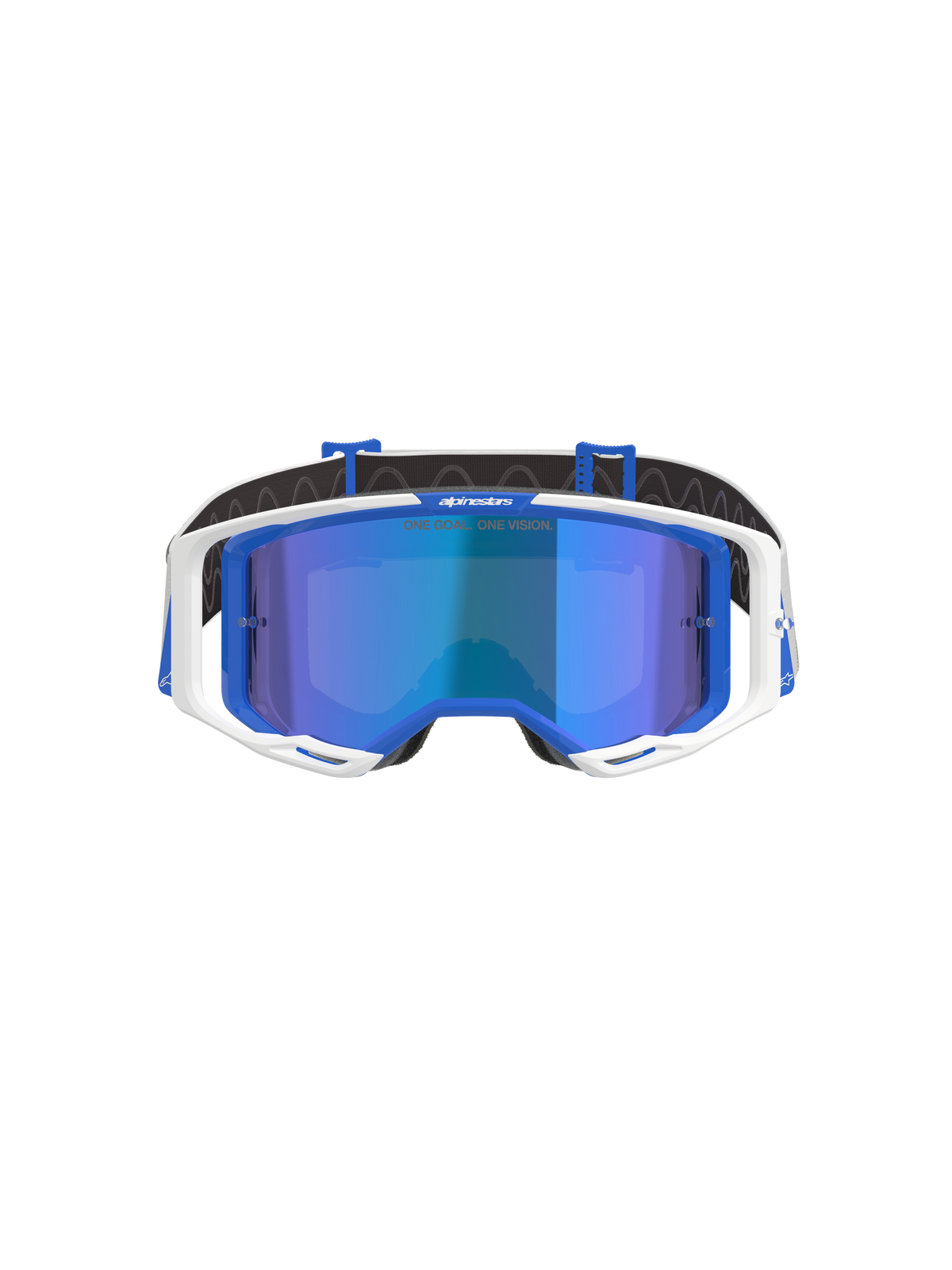 Masque Alpinestars Vision 8 Corp, lunettes de motocross bleu et blanc avec écran miroir bleu, présentant une monture extérieure blanche, des accents intérieurs bleus et le marquage 'One Goal. One Vision.' sur l'écran, conçu pour la performance en course tout-terrain.