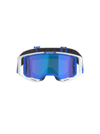 Masque Alpinestars Vision 8 Corp, lunettes de motocross bleu et blanc avec écran miroir bleu, présentant une monture extérieure blanche, des accents intérieurs bleus et le marquage 'One Goal. One Vision.' sur l'écran, conçu pour la performance en course tout-terrain.