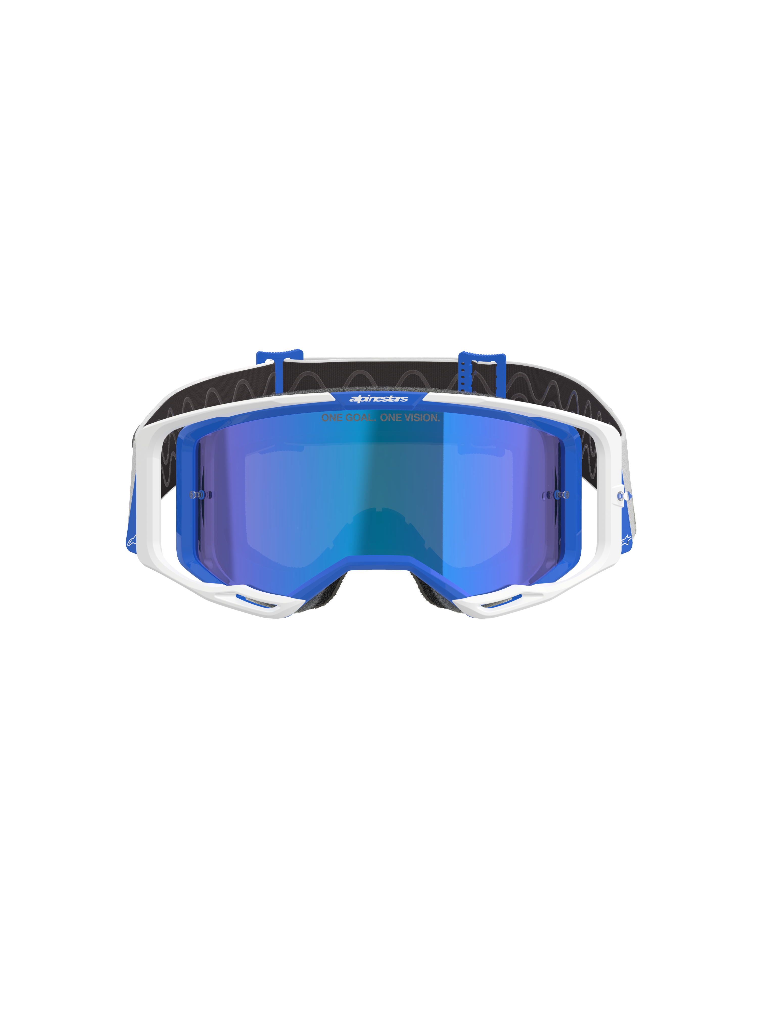 Masque Alpinestars Vision 8 Corp, lunettes de motocross bleu et blanc avec écran miroir bleu, présentant une monture extérieure blanche, des accents intérieurs bleus et le marquage 'One Goal. One Vision.' sur l'écran, conçu pour la performance en course tout-terrain.