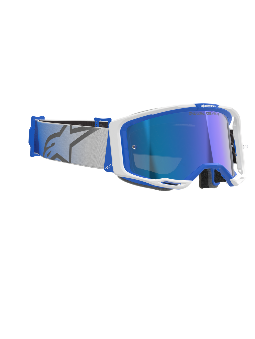 Masque Alpinestars Vision 8 Corp, masque de motocross, bleu et blanc avec lentille miroir bleue, sangle tissée gris clair arborant un logo étoile bleu, monture A-FLEX au design profilé avec lentille miroir pour la course tout-terrain