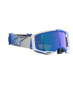 Masque Alpinestars Vision 8 Corp, masque de motocross, bleu et blanc avec lentille miroir bleue, sangle tissée gris clair arborant un logo étoile bleu, monture A-FLEX au design profilé avec lentille miroir pour la course tout-terrain