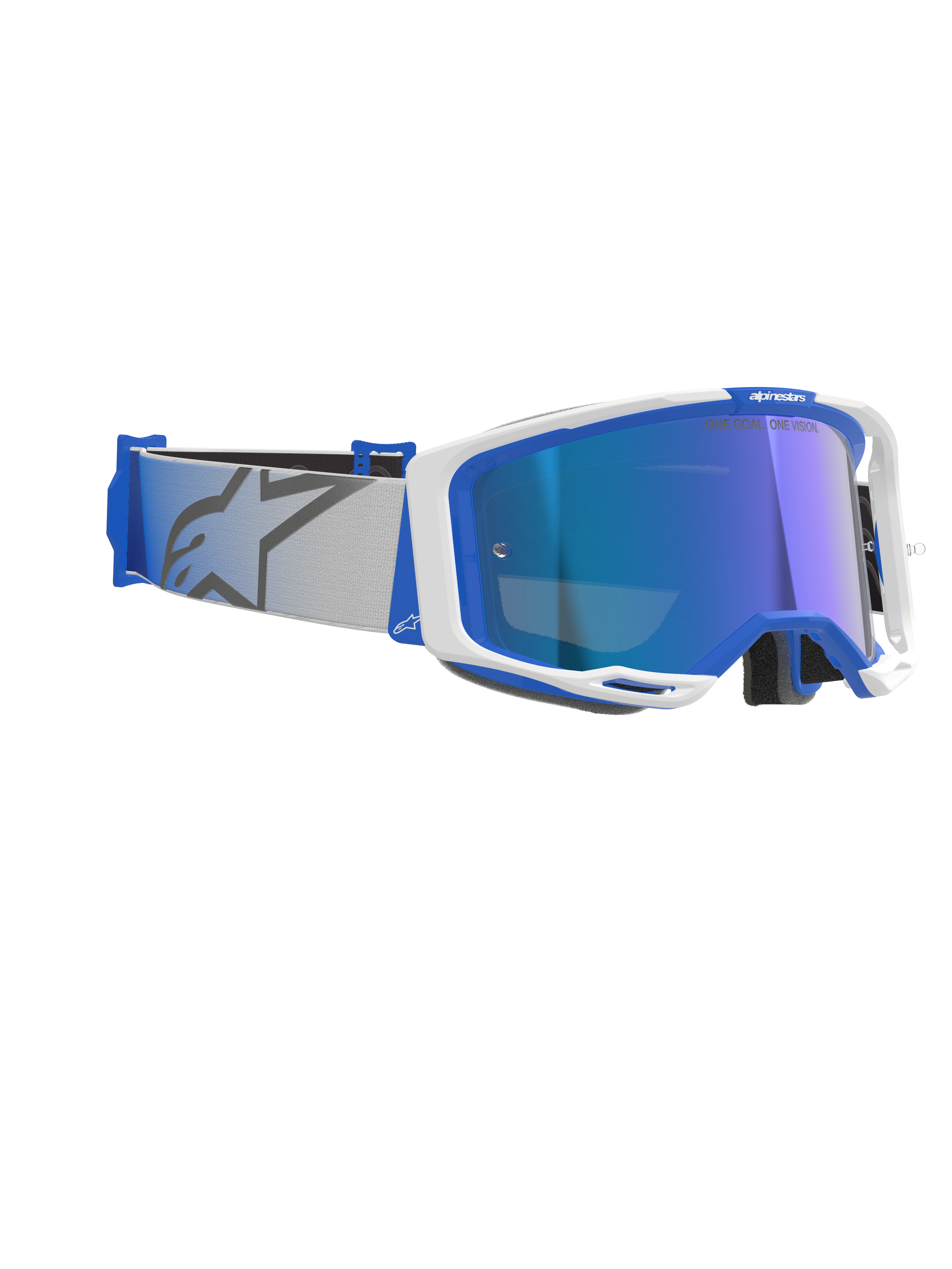 Masque Alpinestars Vision 8 Corp, masque de motocross, bleu et blanc avec lentille miroir bleue, sangle tissée gris clair arborant un logo étoile bleu, monture A-FLEX au design profilé avec lentille miroir pour la course tout-terrain