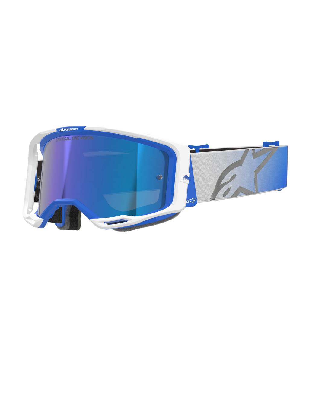 Masque Alpinestars Vision 8 Corp, masque de motocross, monture bleue et blanche, écran bleu miroir réfléchissant avec teinte violette, large sangle grise réglable avec dégradé bleu et grand logo étoile, doté de la ventilation RAM-AIR et du marquage « ONE GOAL. ONE VISION. »