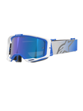 Masque Alpinestars Vision 8 Corp, masque de motocross, monture bleue et blanche, écran bleu miroir réfléchissant avec teinte violette, large sangle grise réglable avec dégradé bleu et grand logo étoile, doté de la ventilation RAM-AIR et du marquage « ONE GOAL. ONE VISION. »