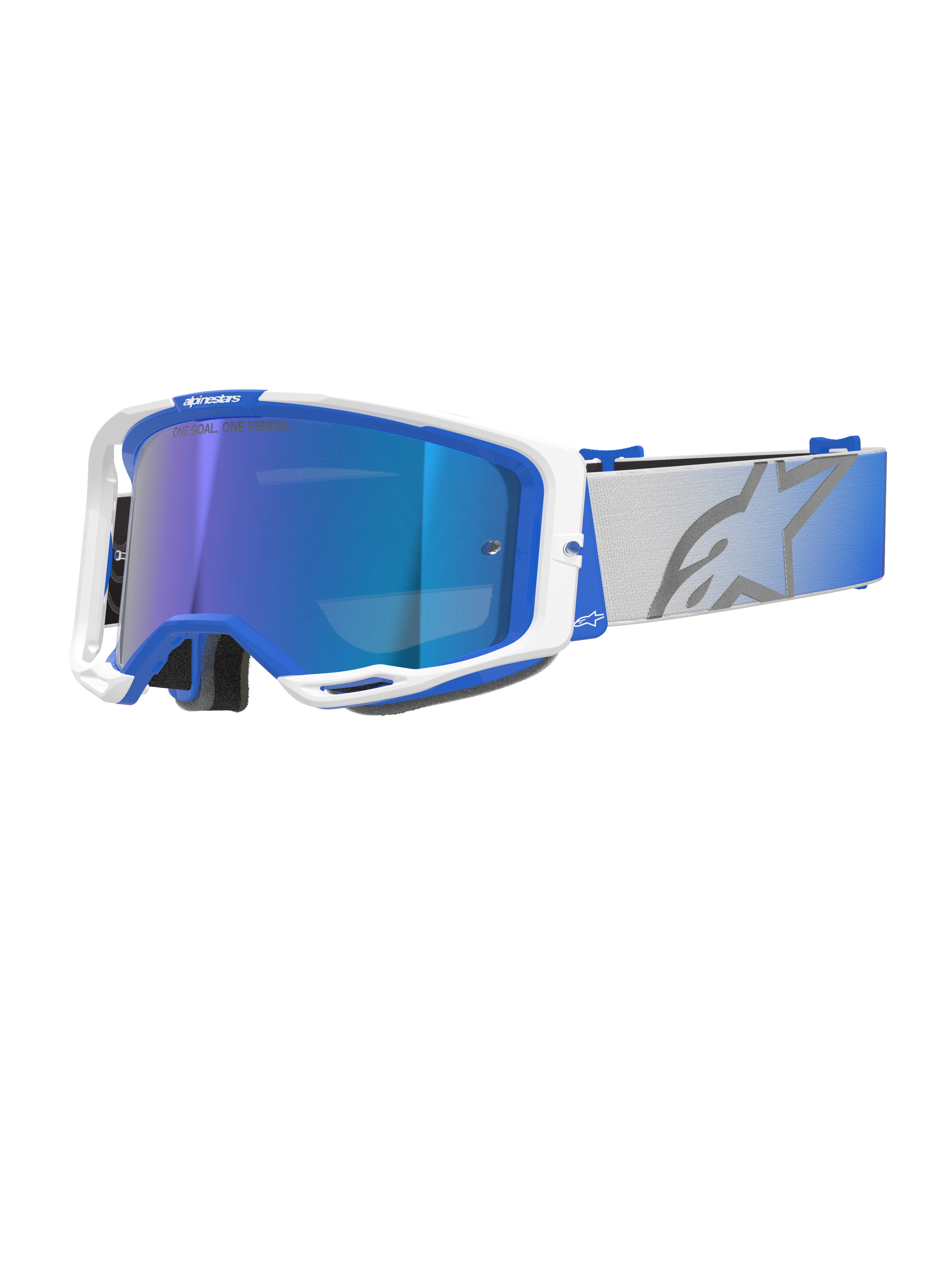 Masque Alpinestars Vision 8 Corp, masque de motocross, monture bleue et blanche, écran bleu miroir réfléchissant avec teinte violette, large sangle grise réglable avec dégradé bleu et grand logo étoile, doté de la ventilation RAM-AIR et du marquage « ONE GOAL. ONE VISION. »