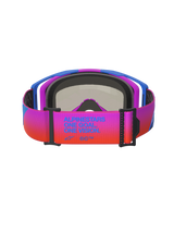 Alpinestars Vision 8 Corp Goggles, Motocross Goggles, back view featuring a vibrant purple to orange gradient strap with blue 'ALPINESTARS ONE GOAL. ONE VISION.' text, blue and purple frame with black face foam, elite off-road performance eyewear