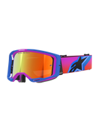Alpinestars Vision 8 Corp Goggles, motocross goggles with a blue and purple A-FLEX frame, orange mirror lens featuring 'ONE GOAL. ONE VISION.' branding, gradient pink to orange strap with a large black star logo, high-performance off-road eye protection