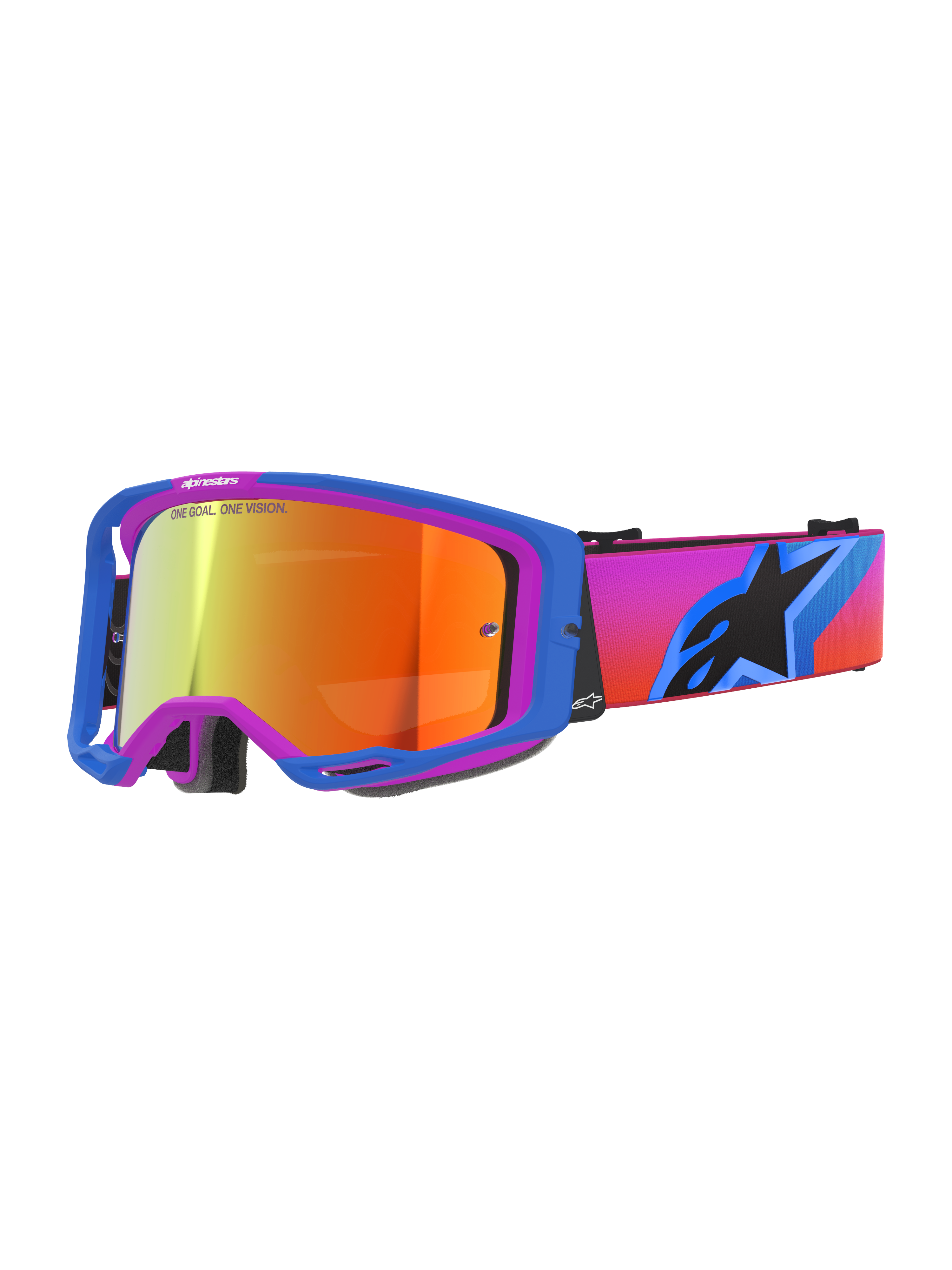 Lunettes Alpinestars Vision 8 Corp, masque de motocross avec monture A-FLEX bleue et violette, écran miroir orange avec marquage « ONE GOAL. ONE VISION. », sangle en dégradé du rose à l'orange avec un large logo étoile noir, protection oculaire haute performance pour le tout-terrain