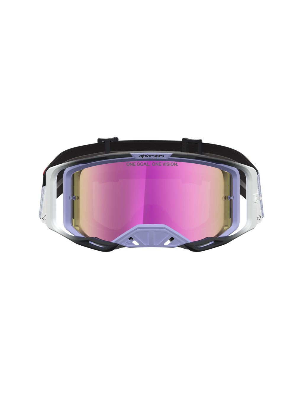 Alpinestars Vision 8 Maven Motocross Goggles in Lavender and Black, featuring a Mirror Pink anti-fog lens, A-FLEX frame, and RAM-AIR ventilation for off-road racing.