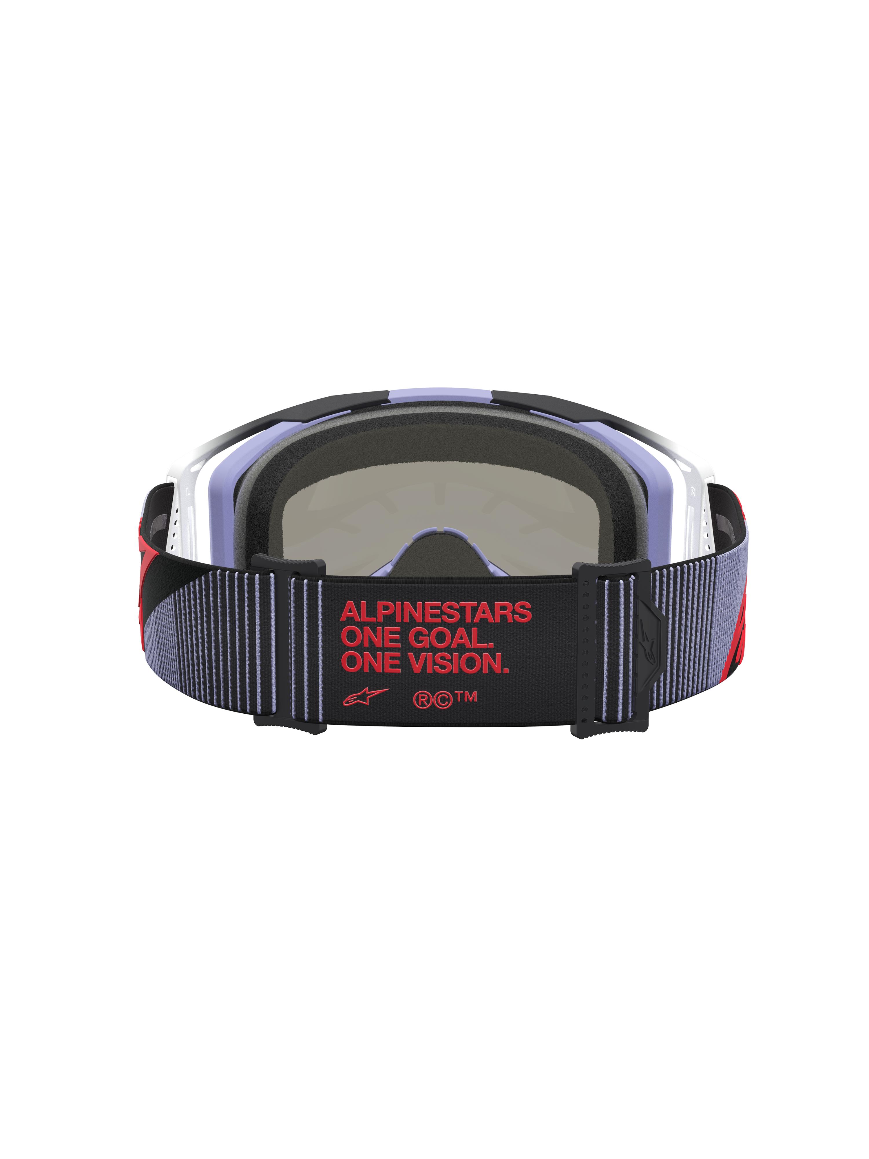 Alpinestars Vision 8 Maven Motocross Goggles, Lavender and Black, rear view with red "One Goal. One Vision." strap branding.