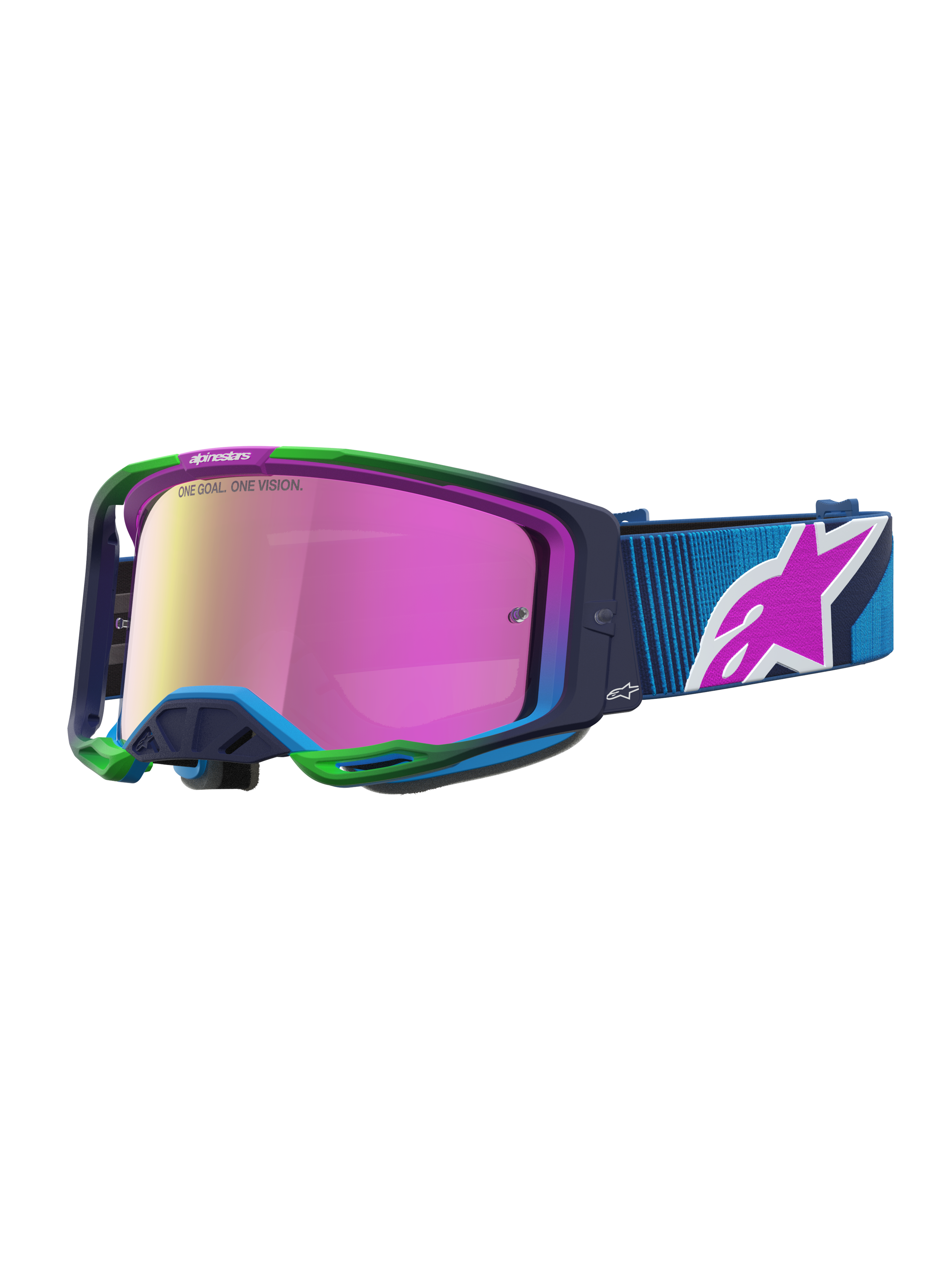 Masque Alpinestars Vision 8 Maven pour motocross, bleu et rose, lentille miroir violette, cadre A-FLEX flexible et système de ventilation RAM-AIR