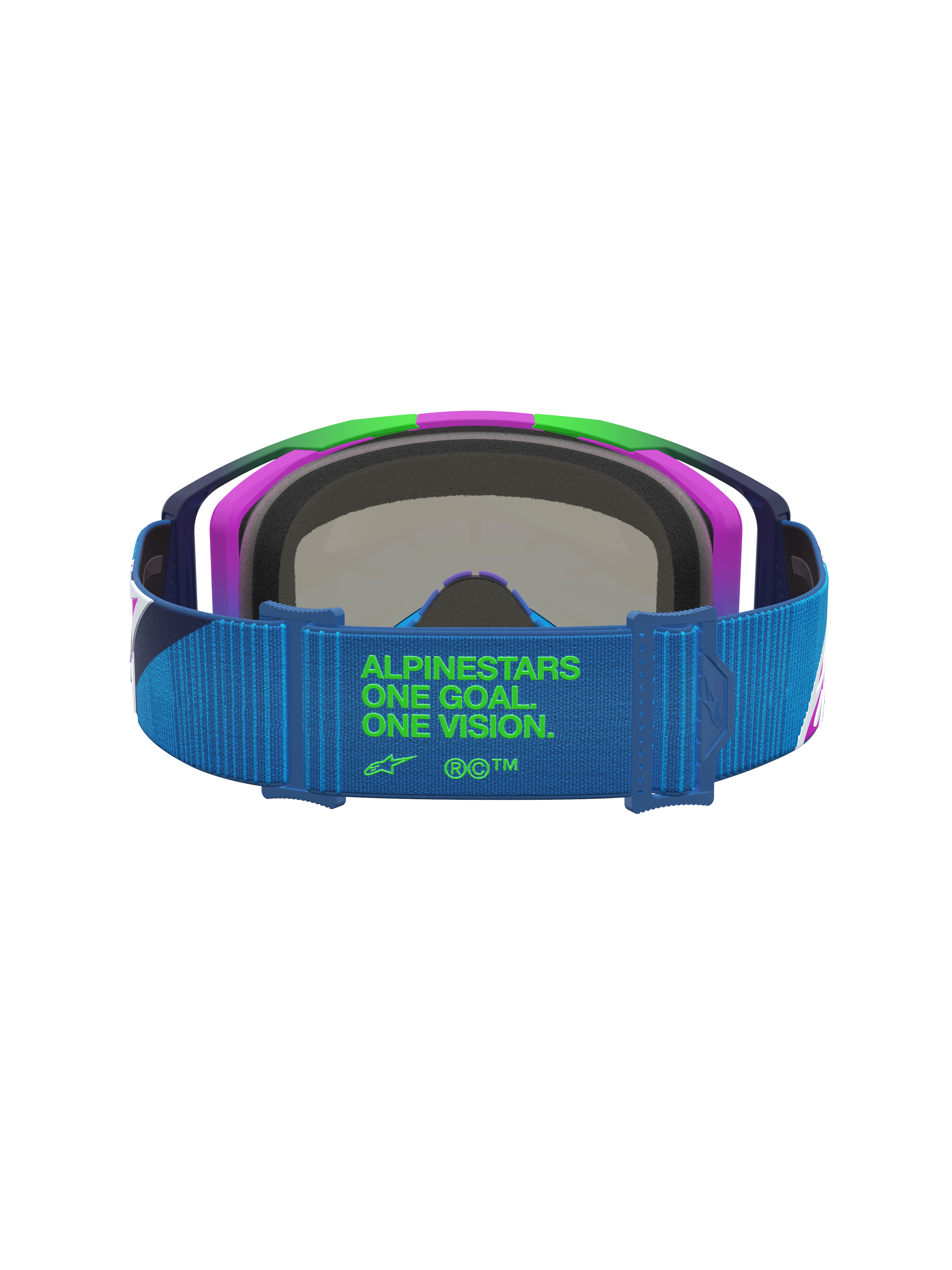Alpinestars Vision 8 Maven Goggles, Motocross Racing, Blue and Purple, blue strap with green One Goal One Vision logo.