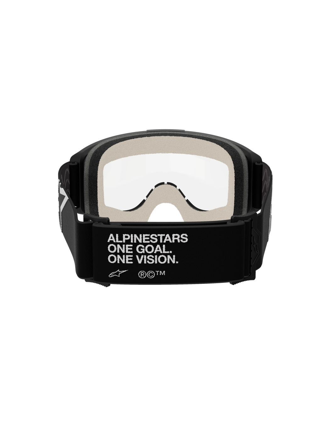 Masque Alpinestars Vision 5 Corp, masque de motocross, noir et transparent, vue arrière montrant le bandeau noir avec le marquage blanc « ALPINESTARS ONE GOAL. ONE VISION. », mousse faciale gris clair et écran transparent anti-buée