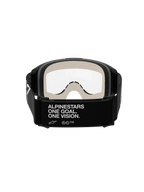 Masque Alpinestars Vision 5 Corp, masque de motocross, noir et transparent, vue arrière montrant le bandeau noir avec le marquage blanc « ALPINESTARS ONE GOAL. ONE VISION. », mousse faciale gris clair et écran transparent anti-buée
