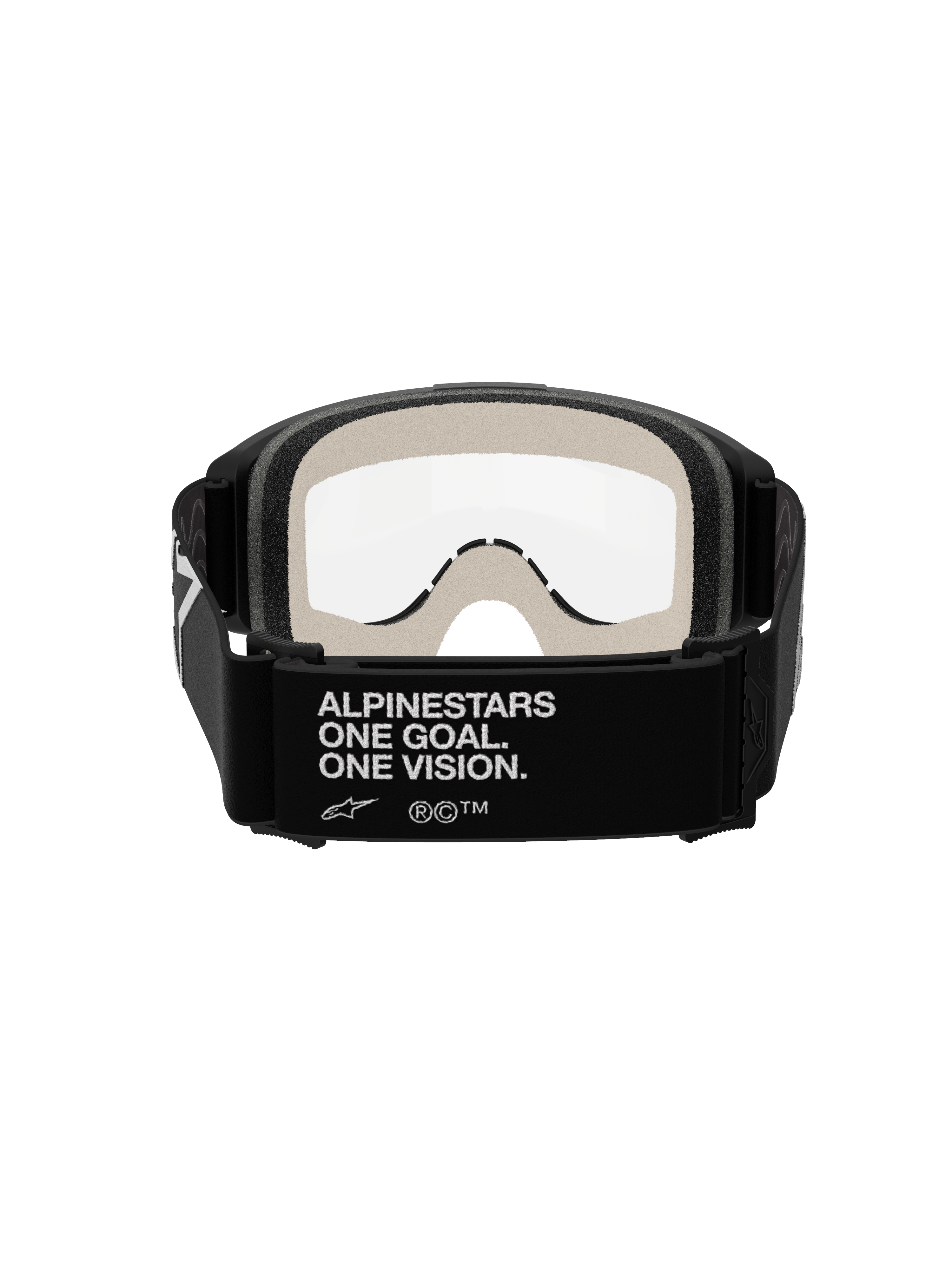 Masque Alpinestars Vision 5 Corp, masque de motocross, noir et transparent, vue arrière montrant le bandeau noir avec le marquage blanc « ALPINESTARS ONE GOAL. ONE VISION. », mousse faciale gris clair et écran transparent anti-buée