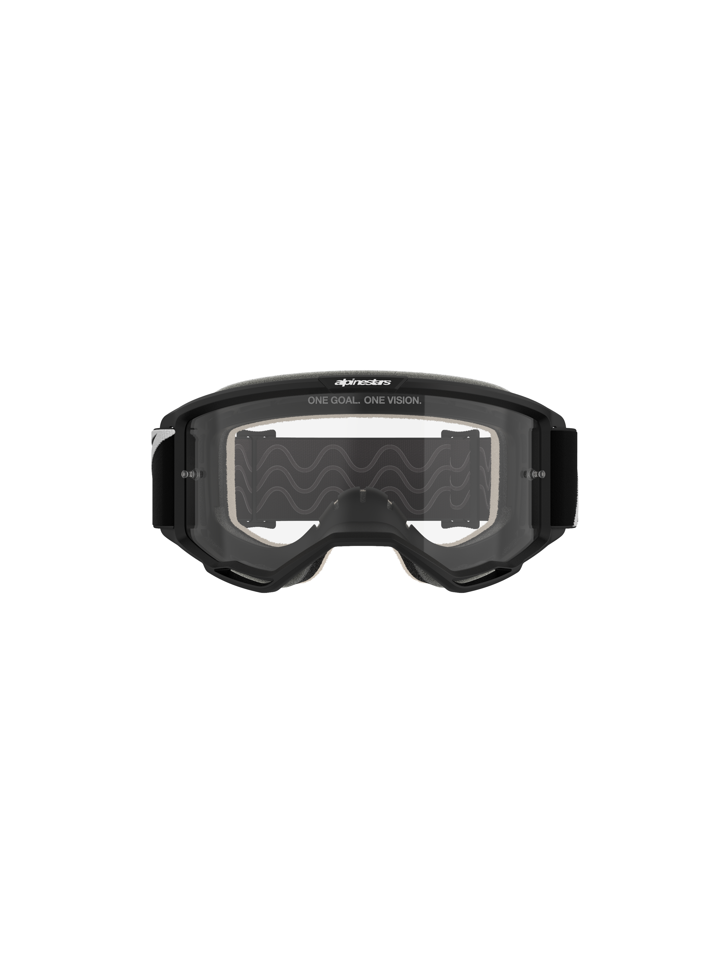 Masque Alpinestars Vision 5 Corp, masque de motocross, monture noire avec écran clair, vue de face, marquage 'ONE GOAL. ONE VISION.' sur le dessus, design à large champ de vision pour le tout-terrain