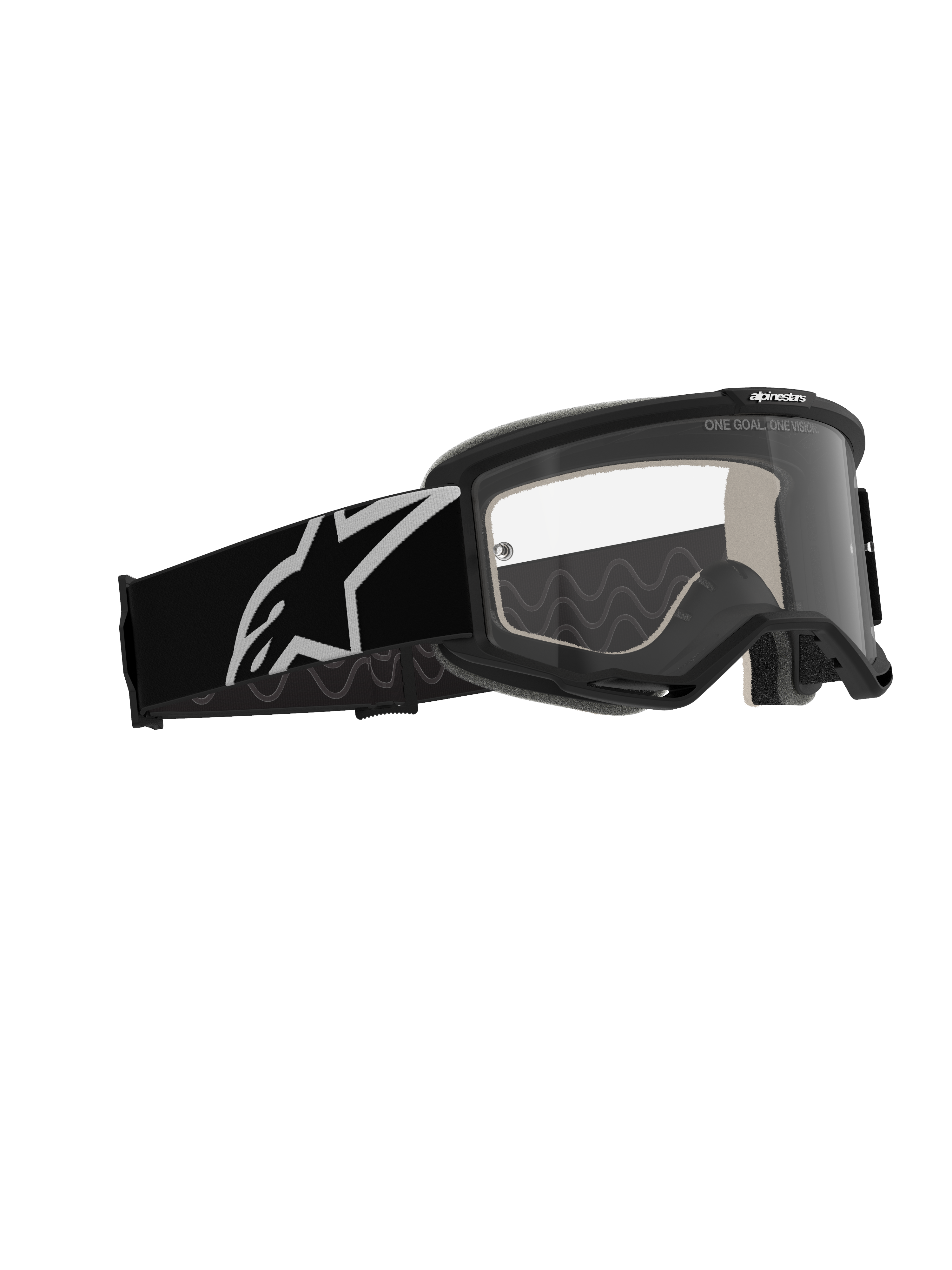 Masque Alpinestars Vision 5 Corp, masque de motocross, monture noire avec écran clair anti-buée, large bandeau noir orné d'un logo Astars blanc, lunettes tout-terrain haute performance avec système de ventilation RAM-AIR
