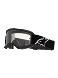 Masque Alpinestars Vision 5 Corp, lunettes de motocross, noir et transparent, avec lentille claire anti-buée, monture noire avec ventilation RAM-AIR et large sangle noire avec logo étoile blanc, conçu pour la course tout-terrain