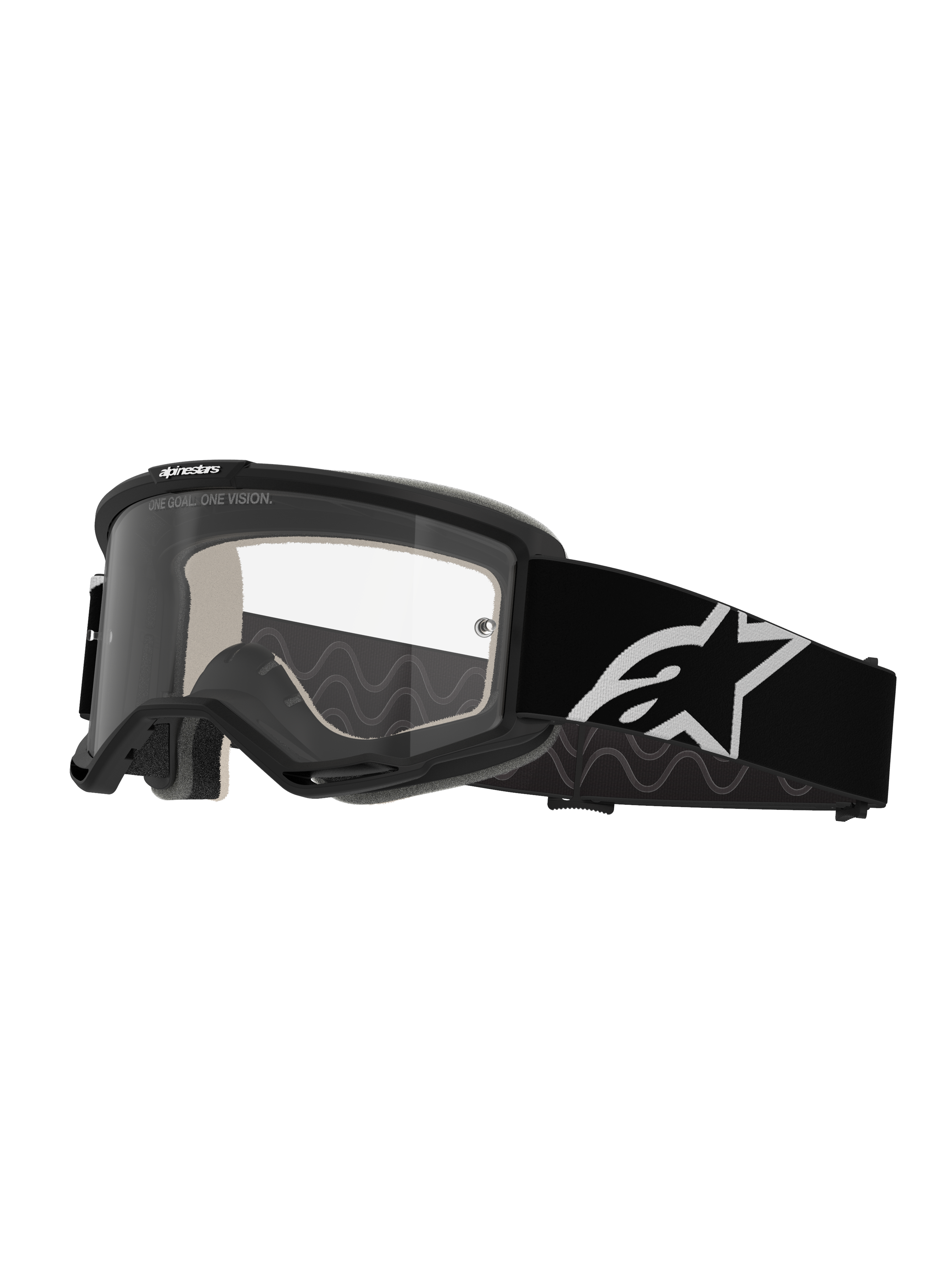 Masque Alpinestars Vision 5 Corp, lunettes de motocross, noir et transparent, avec lentille claire anti-buée, monture noire avec ventilation RAM-AIR et large sangle noire avec logo étoile blanc, conçu pour la course tout-terrain