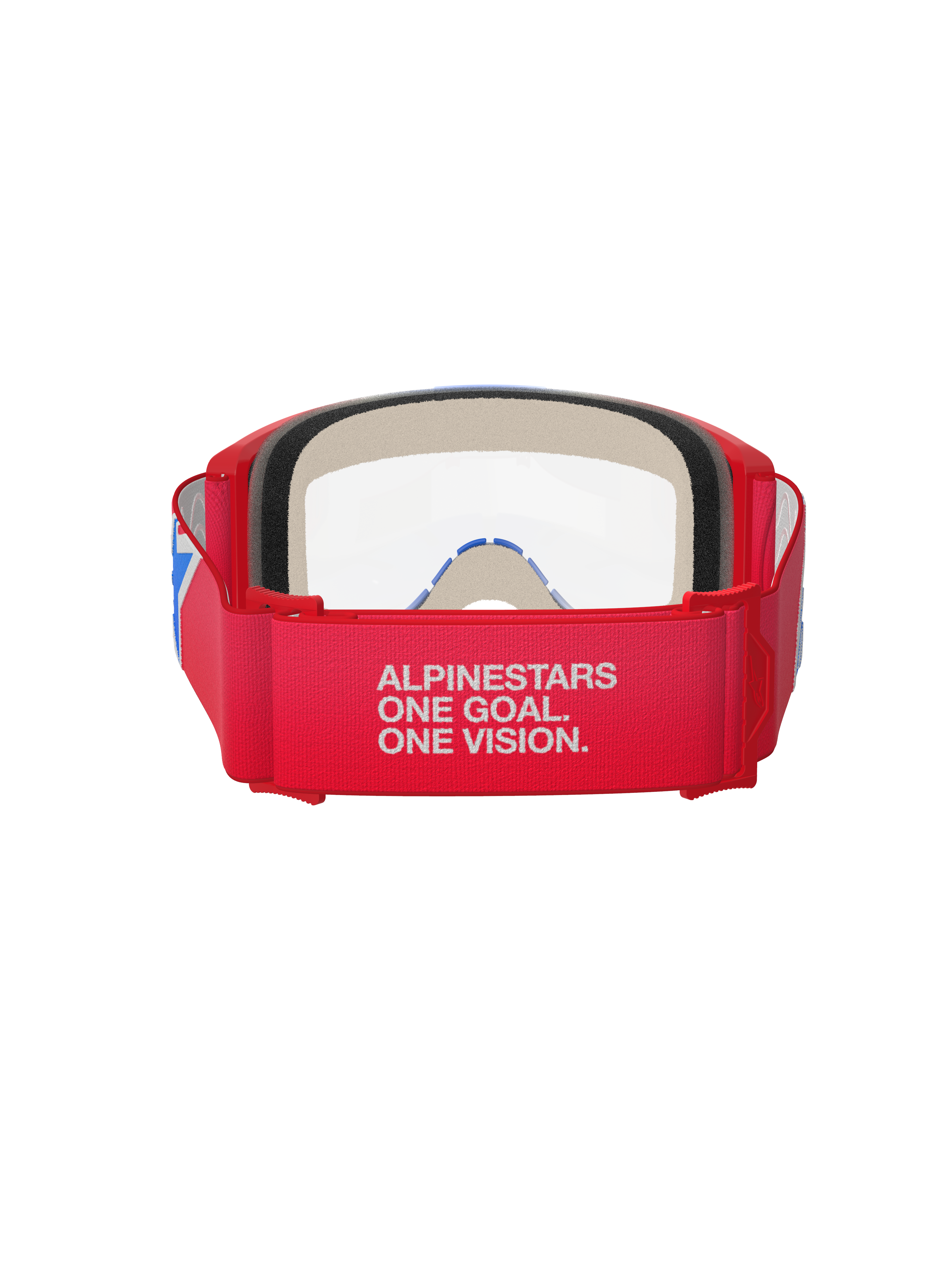 Alpinestars Vision 5 Corp Goggles, Motocross Goggles, Red White and Blue with Clear Lens, rear view showing wide red woven strap with white 'ALPINESTARS ONE GOAL. ONE VISION.' branding, red urethane frame and thick face foam, designed for professional off-road performance