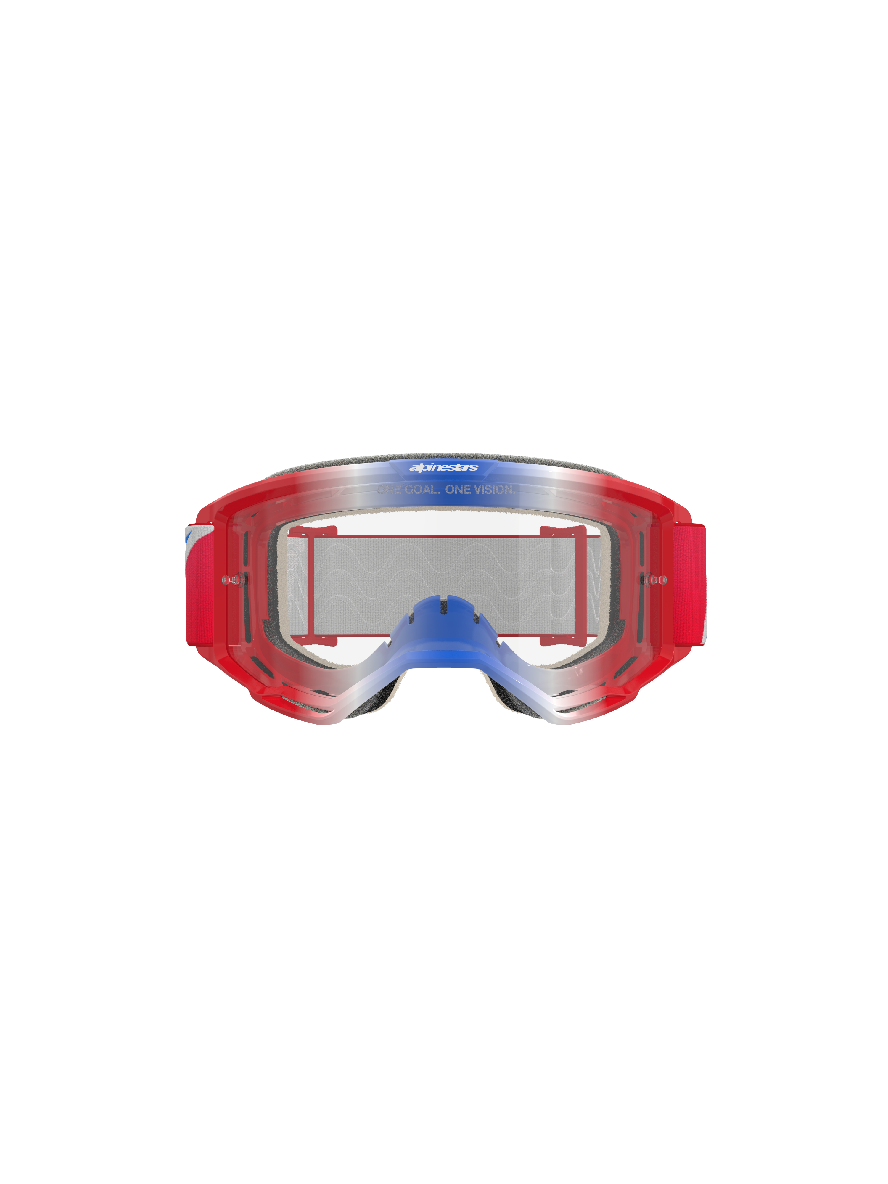 Alpinestars Vision 5 Corp Goggles, Motocross Goggles, Red White and Blue with Clear Lens, red frame with blue and white gradient accents, red woven strap, features 'ONE GOAL. ONE VISION.' branding on the lens, durable eye protection for off-road racing