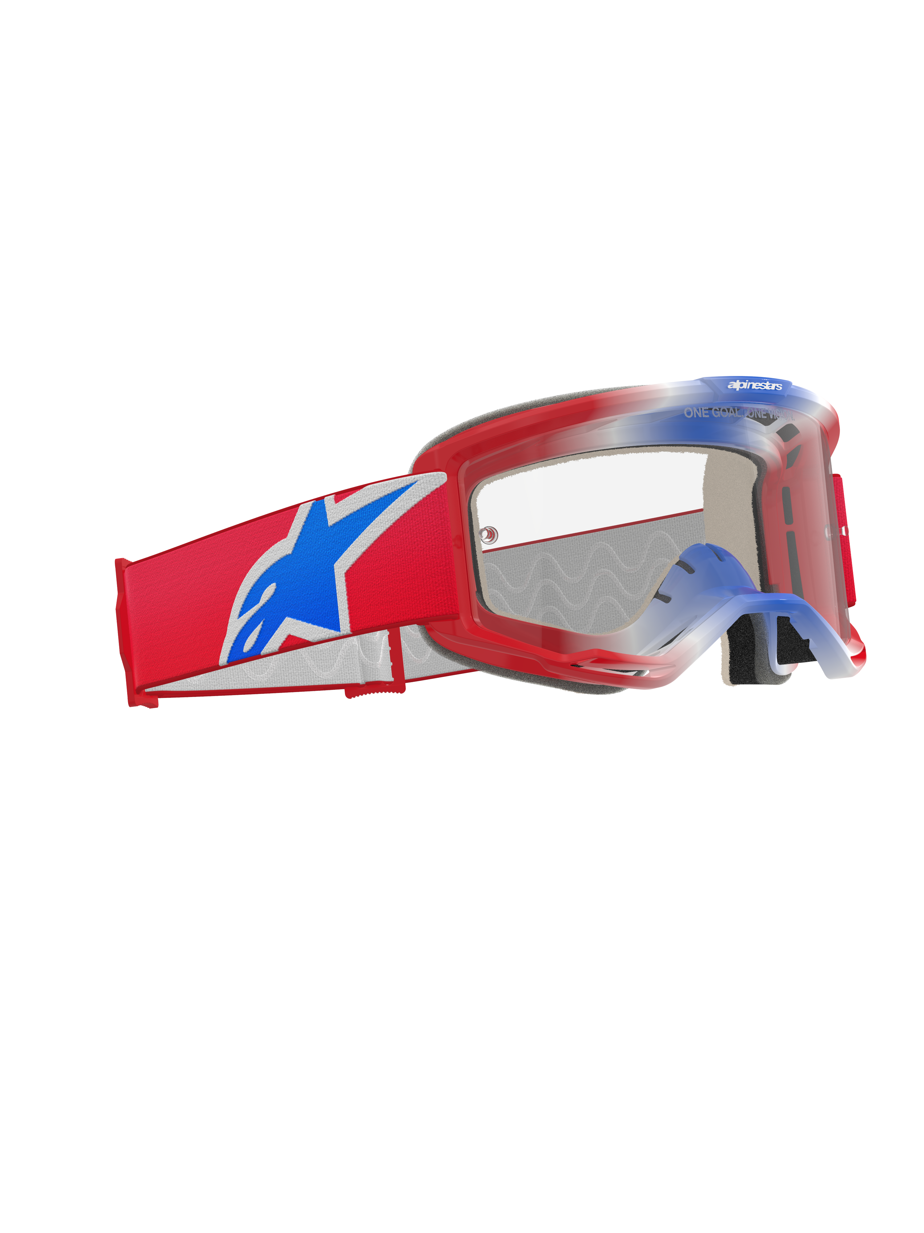 Alpinestars Vision 5 Corp Goggles, Motocross Goggles, Red White and Blue with Clear Lens, featuring a wide red woven strap with a large blue Alpinestars star logo, lightweight red A-FLEX frame, and high-performance eye protection for off-road racing