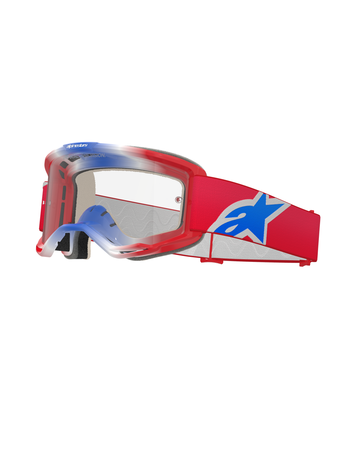 Alpinestars Vision 5 Corp, masque de motocross, rouge, blanc et bleu, écran transparent, monture rouge avec accents dégradés bleus et blancs sur le dessus, sangle rouge avec un grand logo Alpinestars bleu et blanc, rembourrage en mousse multicouche, lunettes de course haute performance