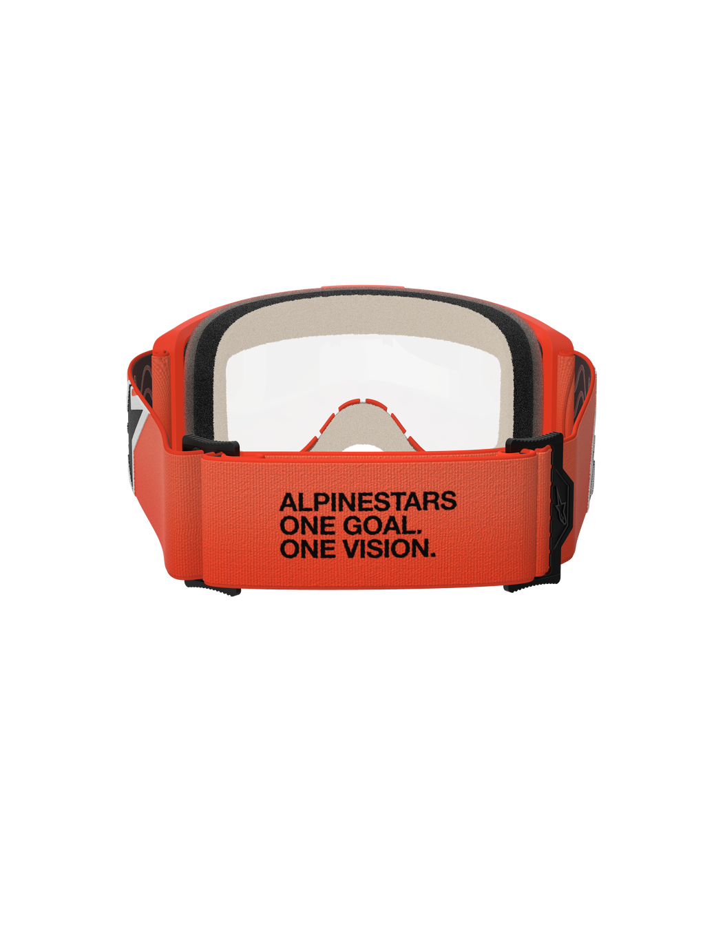 Masque Alpinestars Vision 5 Corp, vue arrière, sangle orange avec texte noir « ALPINESTARS ONE GOAL. ONE VISION. », monture orange et écran clair, protection oculaire pour motocross
