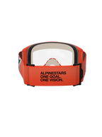 Masque Alpinestars Vision 5 Corp, vue arrière, sangle orange avec texte noir « ALPINESTARS ONE GOAL. ONE VISION. », monture orange et écran clair, protection oculaire pour motocross