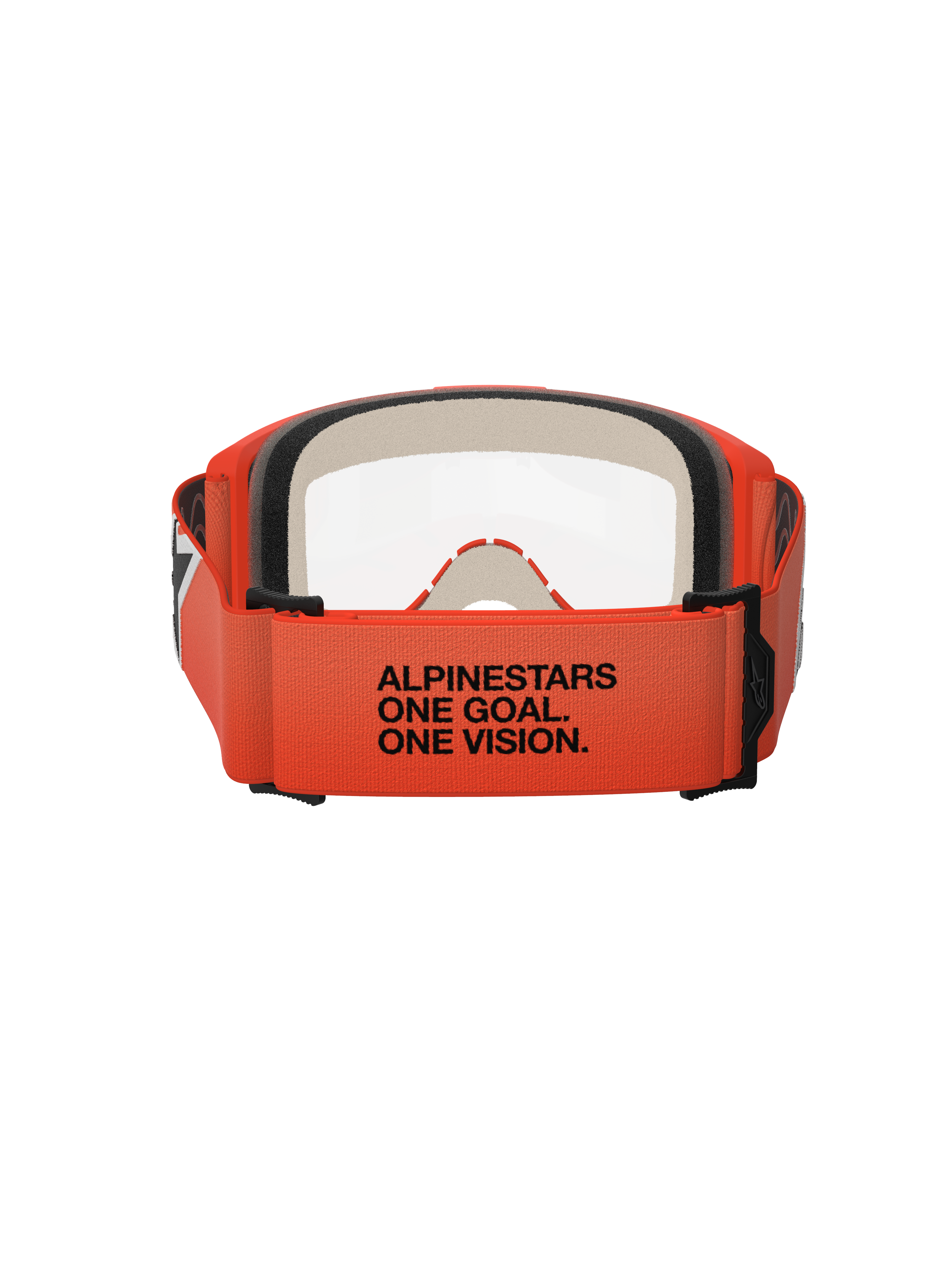 Masque Alpinestars Vision 5 Corp, vue arrière, sangle orange avec texte noir « ALPINESTARS ONE GOAL. ONE VISION. », monture orange et écran clair, protection oculaire pour motocross