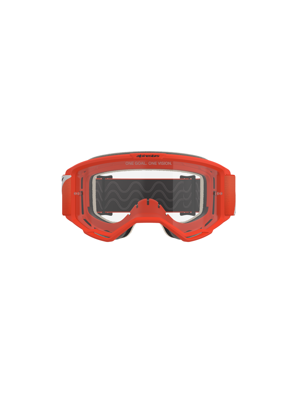 Masque Alpinestars Vision 5 Corp, masque de motocross, orange avec écran transparent, vue de face présentant une monture orange vif, écran anti-buée transparent avec marquage « One Goal. One Vision », mousse faciale grise et bandeau noir avec silicone ondulé pour l'adhérence.