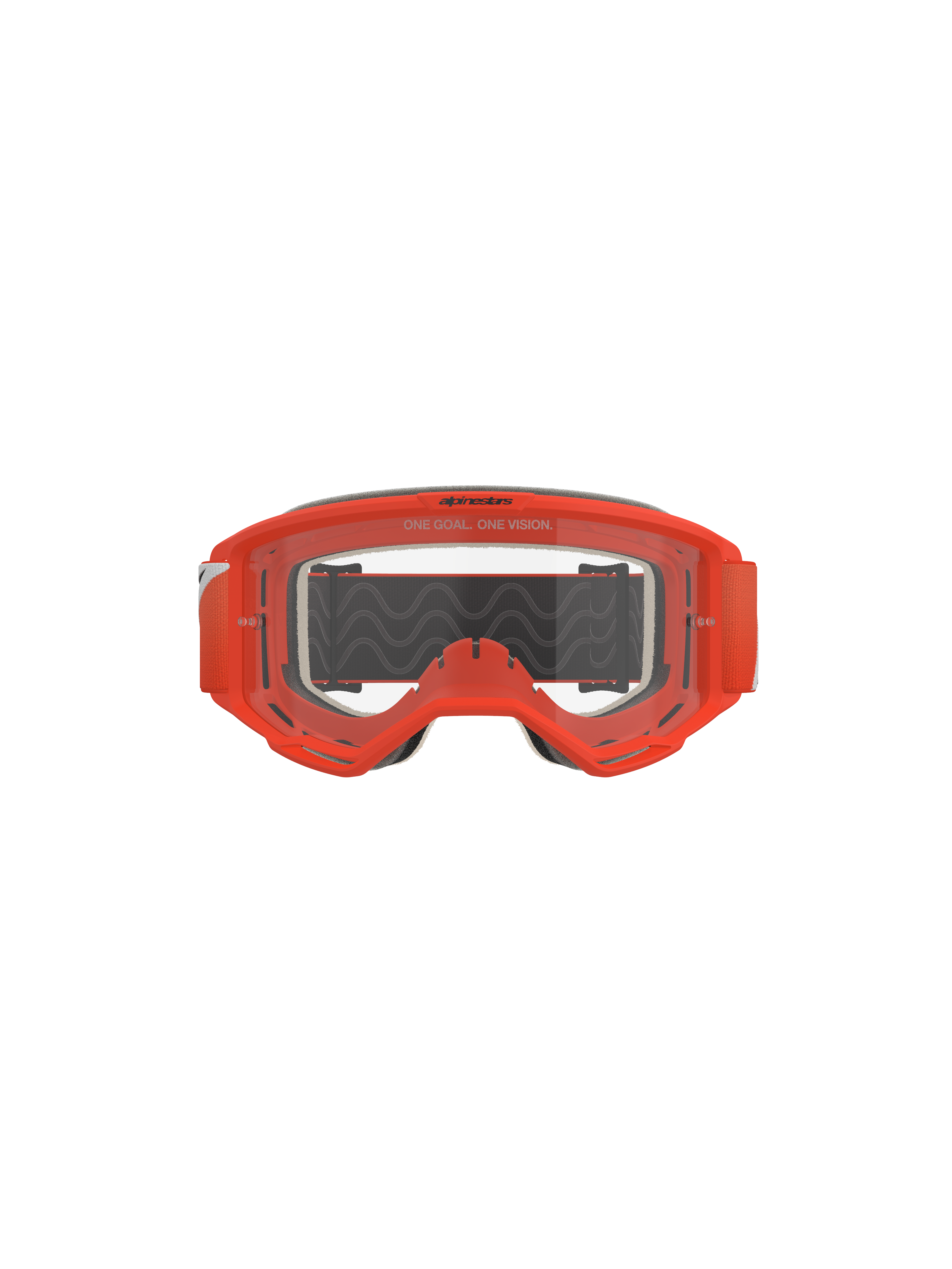 Masque Alpinestars Vision 5 Corp, masque de motocross, orange avec écran transparent, vue de face présentant une monture orange vif, écran anti-buée transparent avec marquage « One Goal. One Vision », mousse faciale grise et bandeau noir avec silicone ondulé pour l'adhérence.