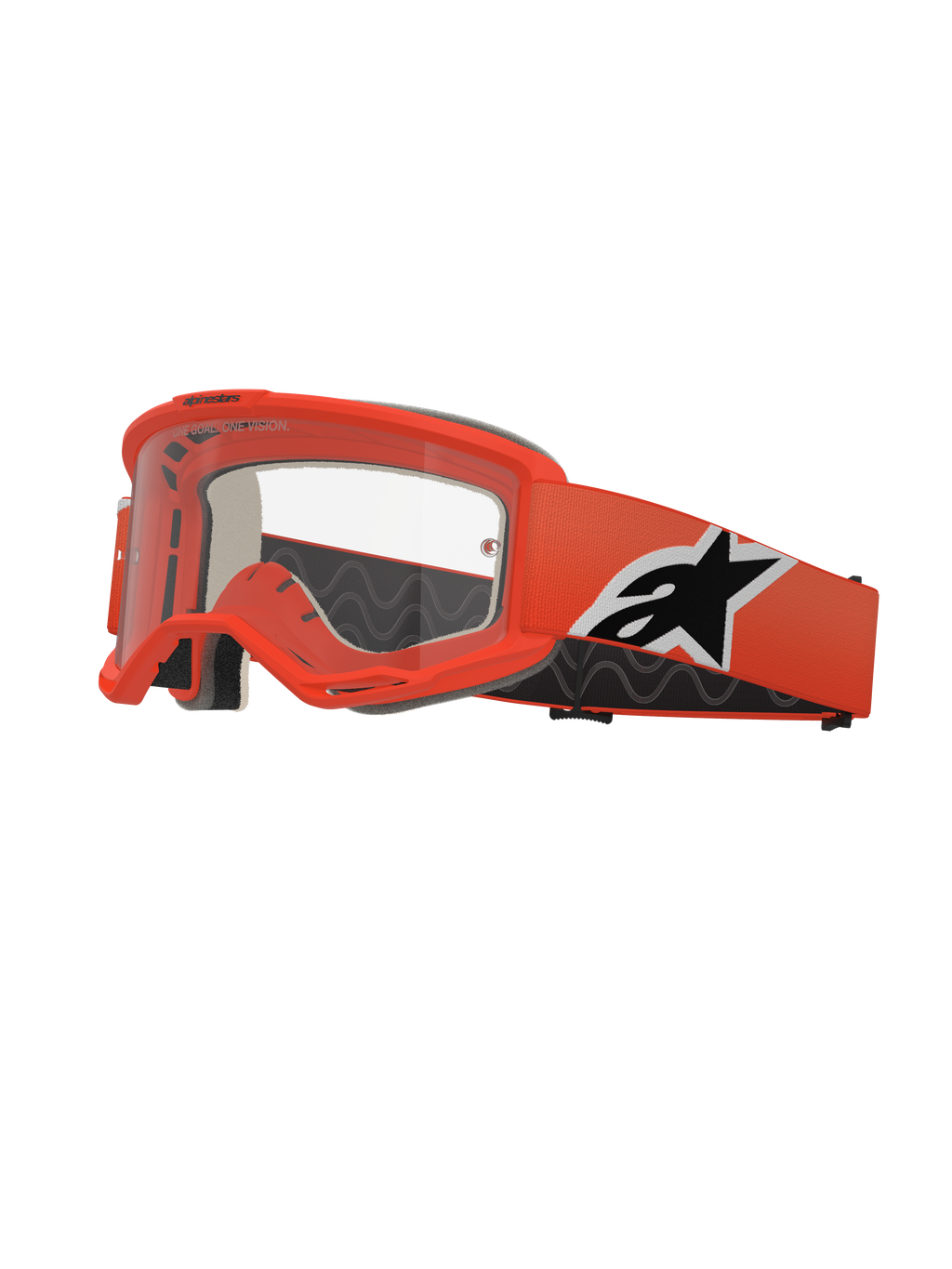 Masque Alpinestars Vision 5 Corp, lunettes de motocross, orange vif, écran transparent, sangle orange avec logo Alpinestars noir et blanc, mousse faciale noire épaisse, fentes de ventilation RAM-AIR, design aérodynamique pour la course tout-terrain