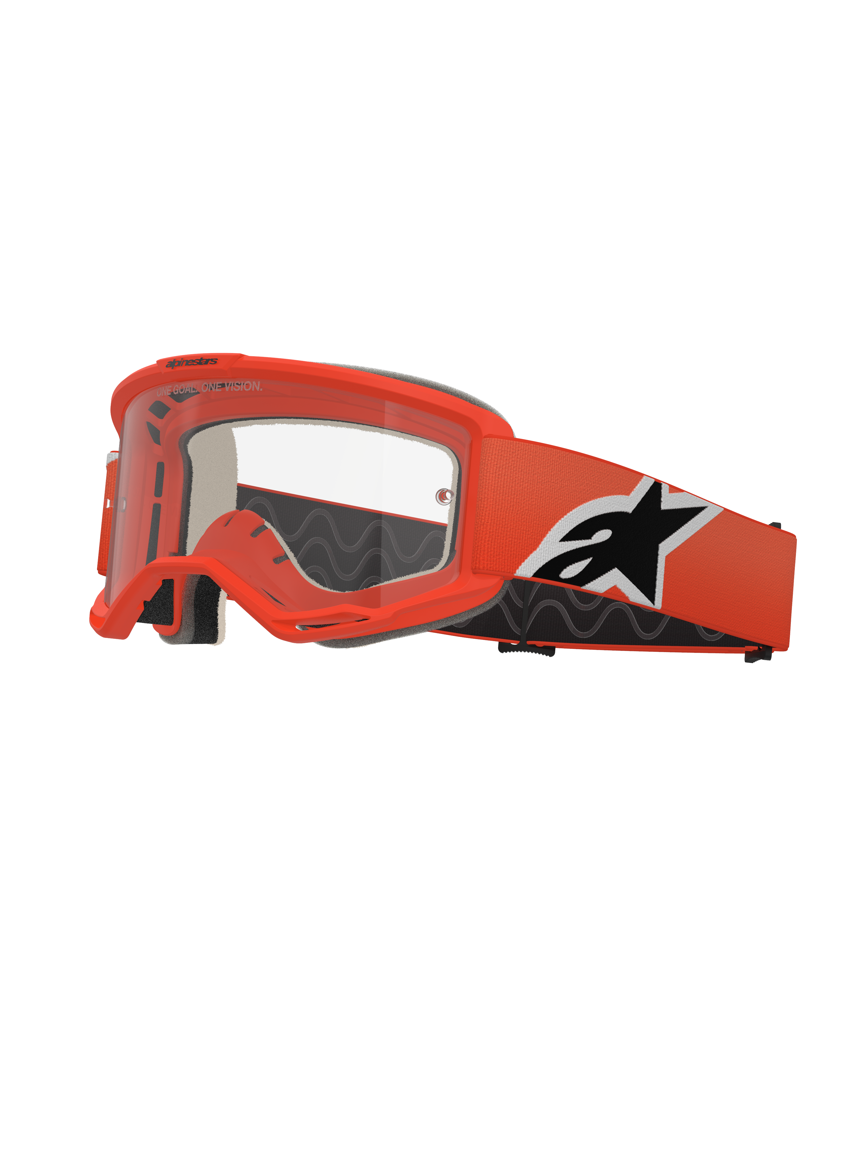 Masque Alpinestars Vision 5 Corp, lunettes de motocross, orange vif, écran transparent, sangle orange avec logo Alpinestars noir et blanc, mousse faciale noire épaisse, fentes de ventilation RAM-AIR, design aérodynamique pour la course tout-terrain