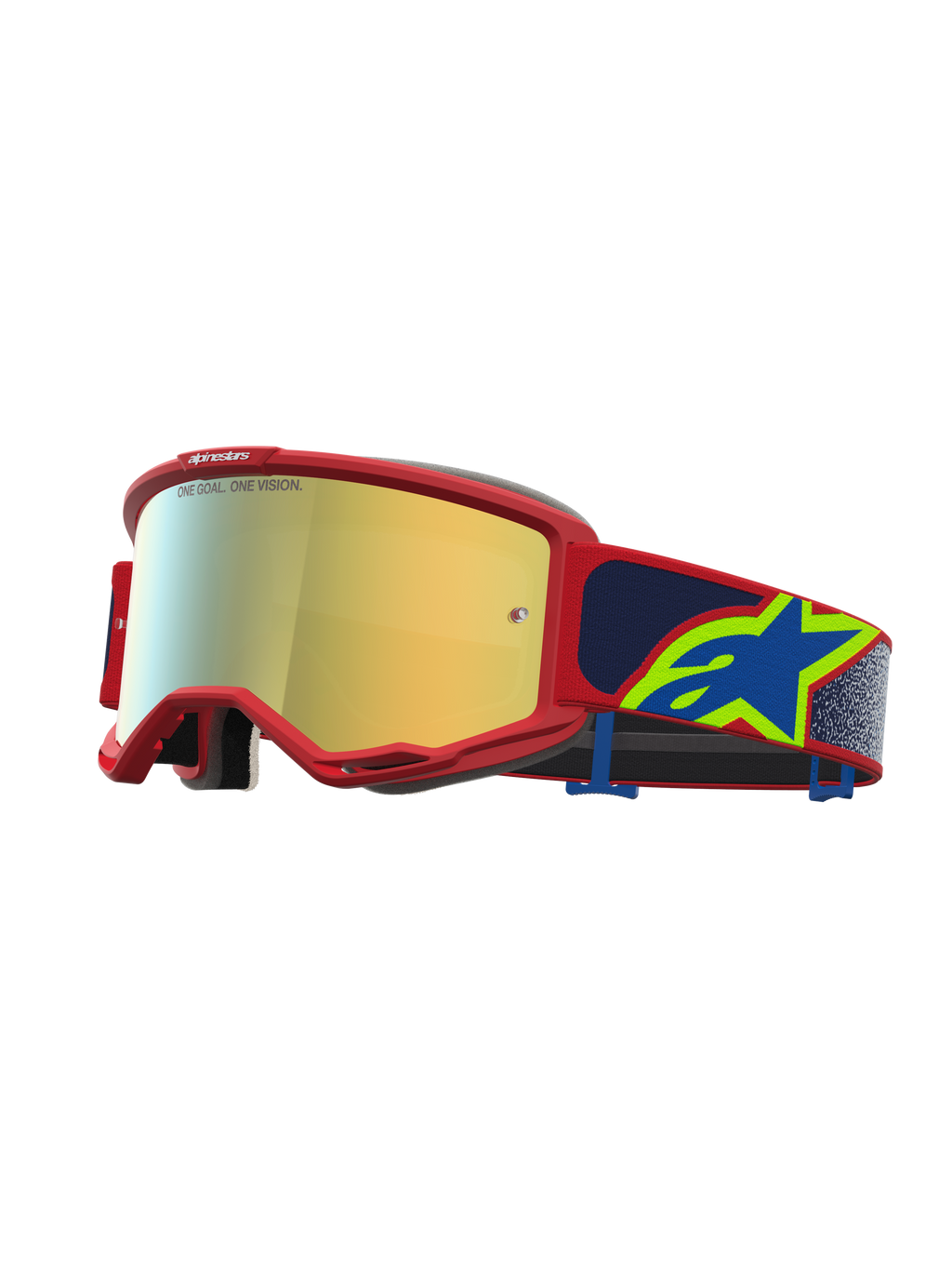 Alpinestars Vision 5 Drag, masque de motocross avec cadre rouge et écran miroir doré, bandeau bleu à logo étoile, ventilation RAM-AIR pour le tout-terrain