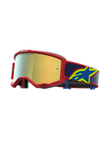 Alpinestars Vision 5 Drag, masque de motocross avec cadre rouge et écran miroir doré, bandeau bleu à logo étoile, ventilation RAM-AIR pour le tout-terrain