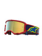 Alpinestars Vision 5 Drag, masque de motocross avec cadre rouge et écran miroir doré, bandeau bleu à logo étoile, ventilation RAM-AIR pour le tout-terrain