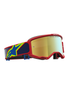 Alpinestars Masque Vision 5 Drag, masque de motocross rouge et bleu avec lentille dorée miroir et cadre en uréthane A-FLEX.